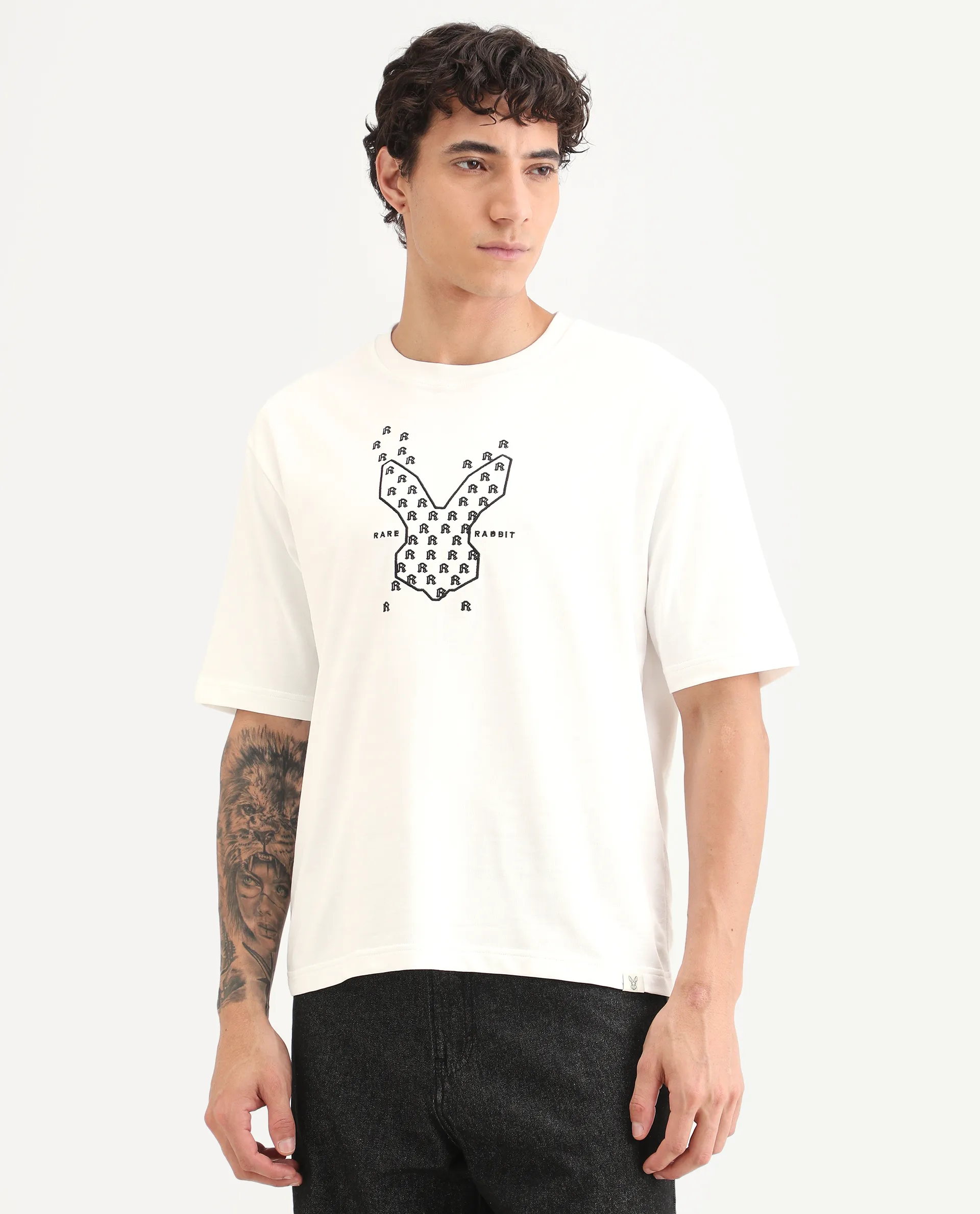 Rare Rabbit Men's Tiz White Cotton Fabric Half Sleeve Crew Neck Oversize Graphic Print T-Shirt - Image 4