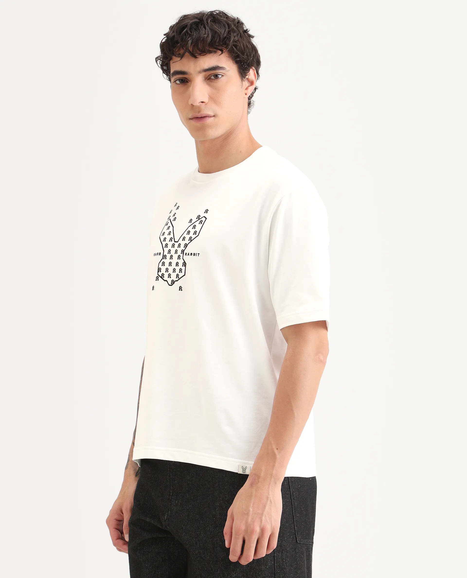 Rare Rabbit Men's Tiz White Cotton Fabric Half Sleeve Crew Neck Oversize Graphic Print T-Shirt - Image 5