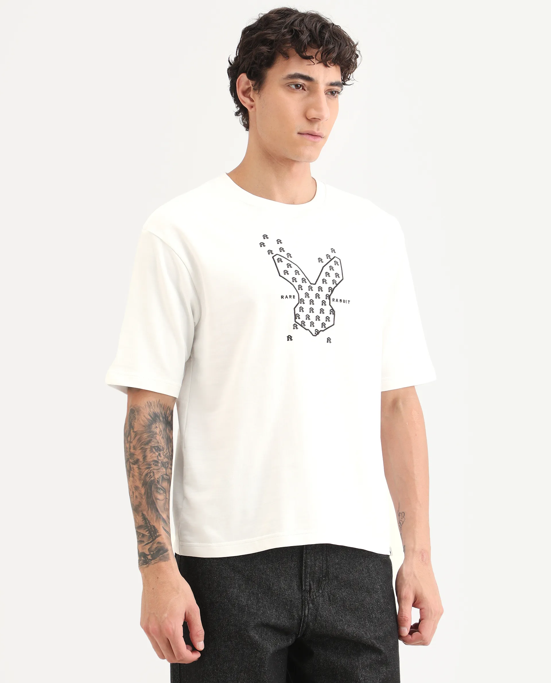 Rare Rabbit Men's Tiz White Cotton Fabric Half Sleeve Crew Neck Oversize Graphic Print T-Shirt - Image 6