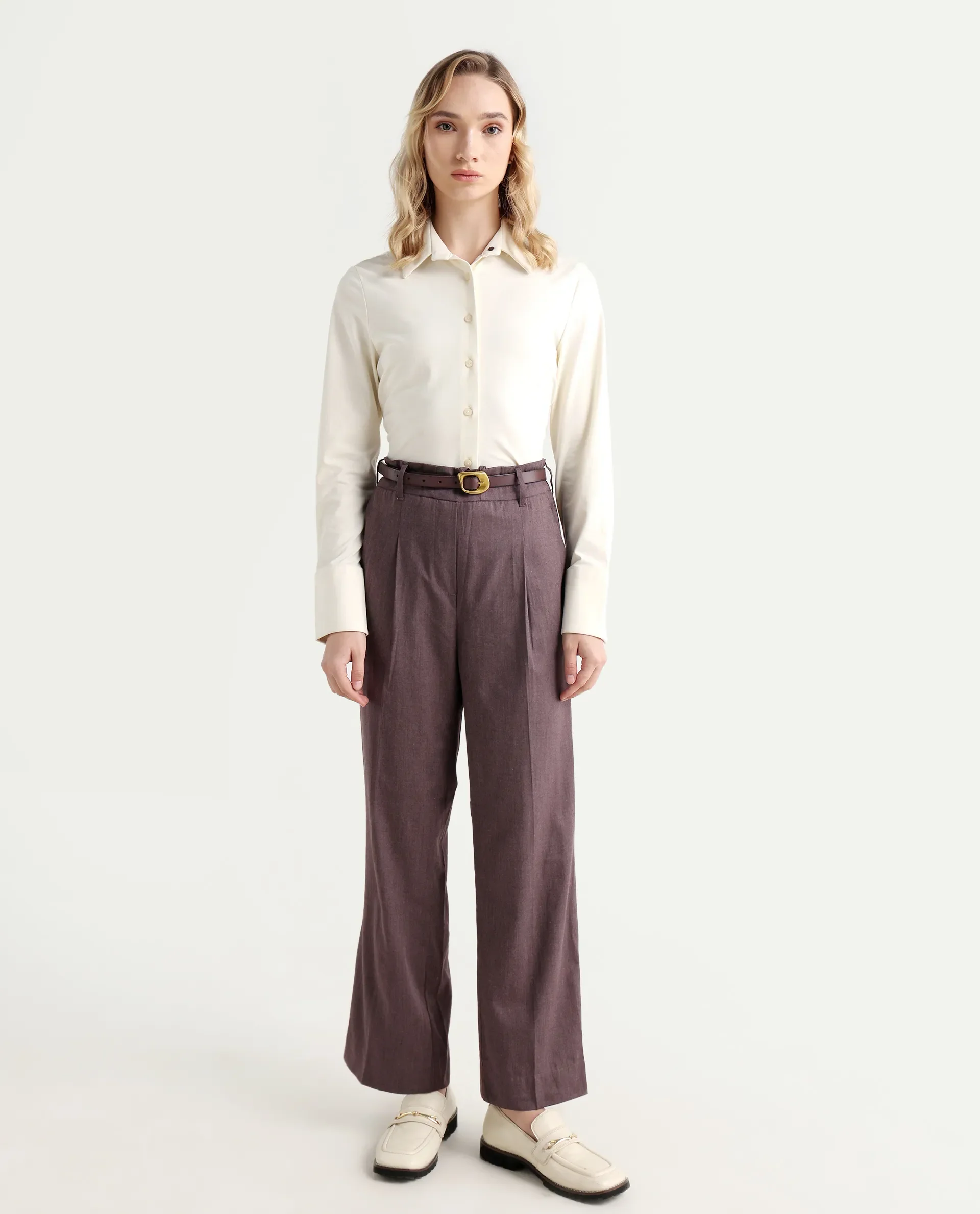 Rareism Women's Tiza Brown Polyester Blend Plain Ankle Length Straight Fit Trouser - Image 2