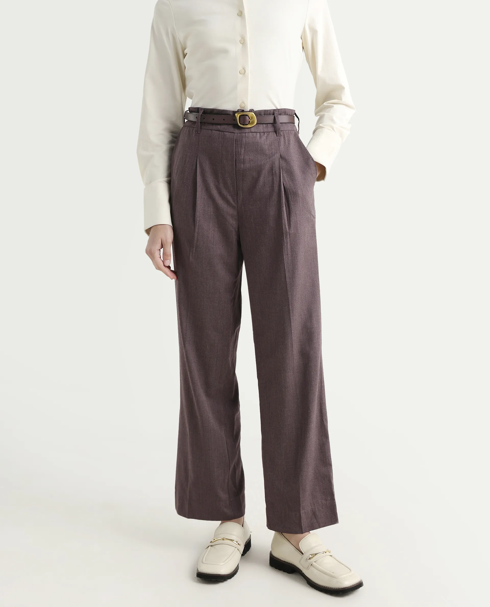 Rareism Women's Tiza Brown Polyester Blend Plain Ankle Length Straight Fit Trouser - Image 3