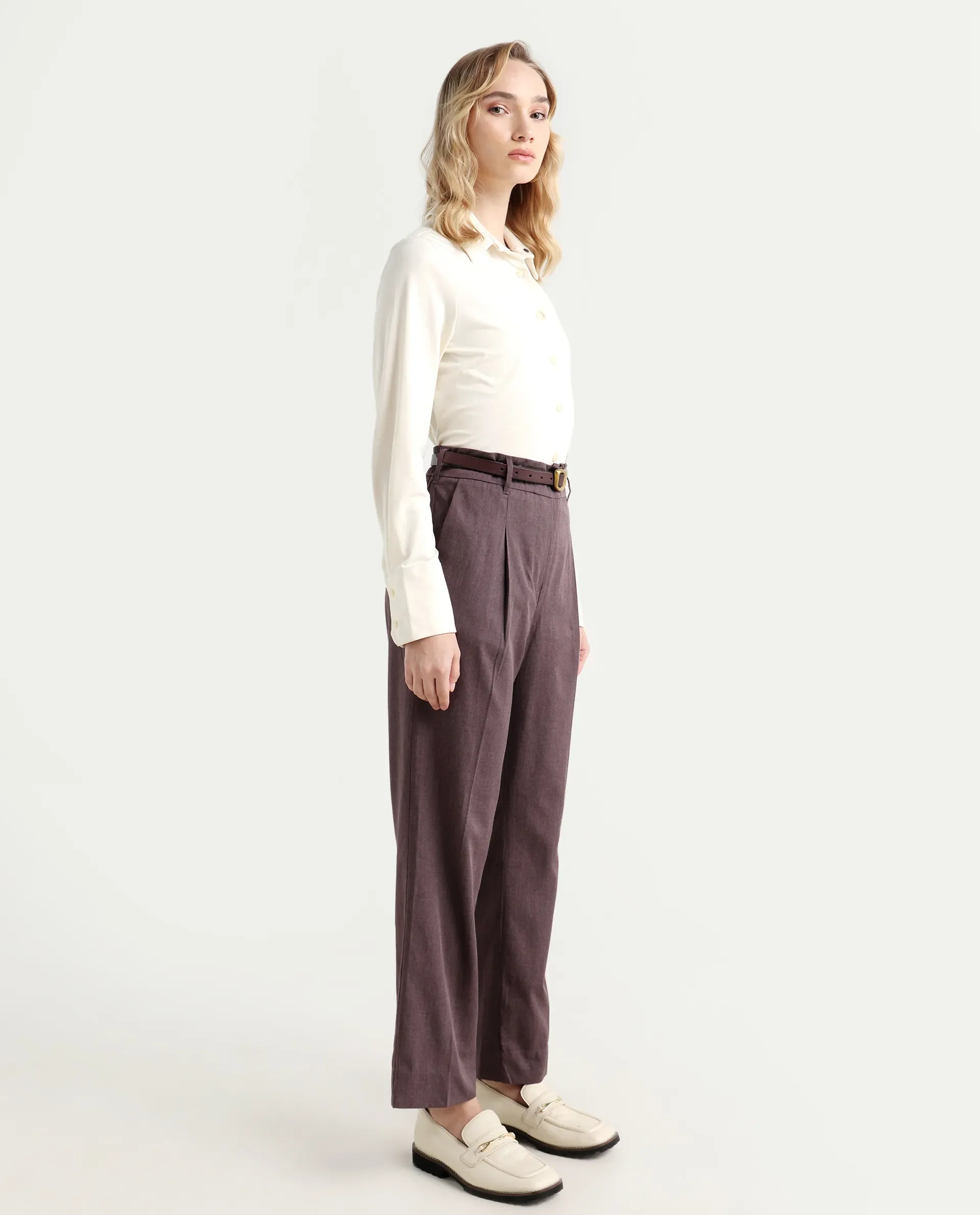 Rareism Women's Tiza Brown Polyester Blend Plain Ankle Length Straight Fit Trouser - Image 5