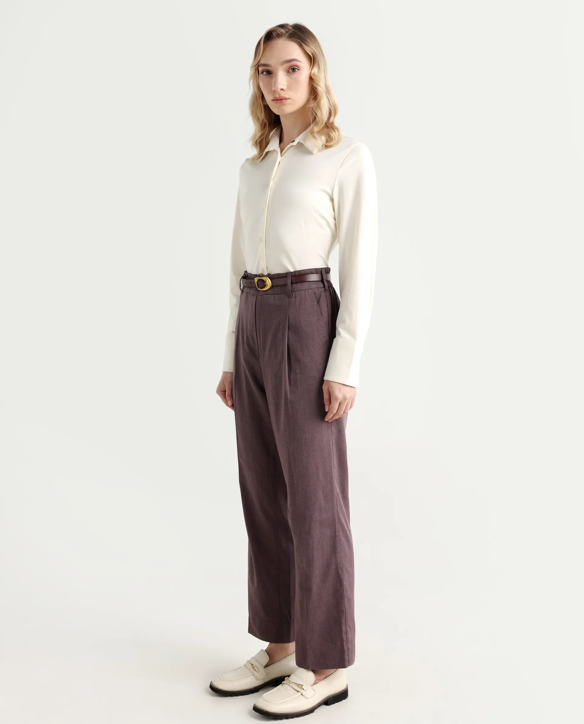 Rareism Women's Tiza Brown Polyester Blend Plain Ankle Length Straight Fit Trouser - Image 6