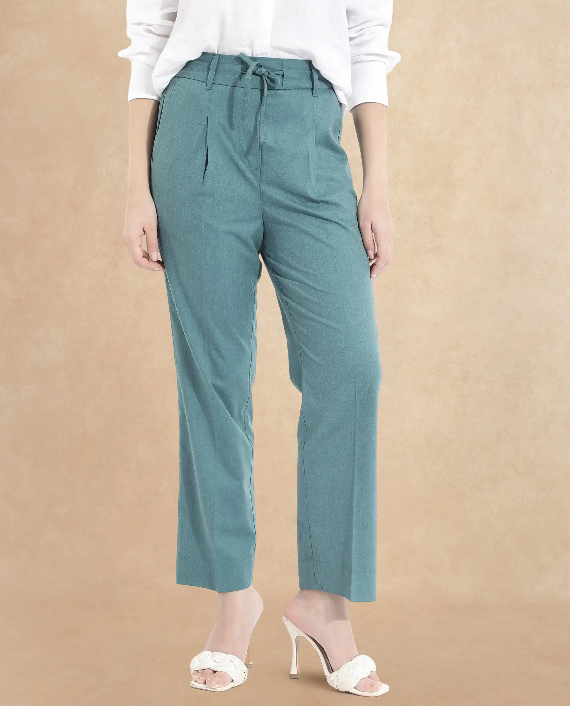 Rareism Women's Tiza Green Polyester Blend Plain Ankle Length Straight Fit Trouser - Image 2