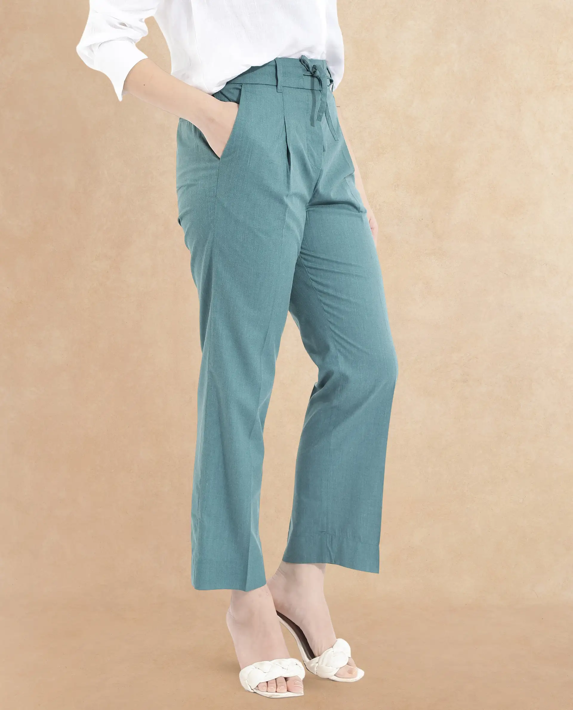 Rareism Women's Tiza Green Polyester Blend Plain Ankle Length Straight Fit Trouser - Image 4