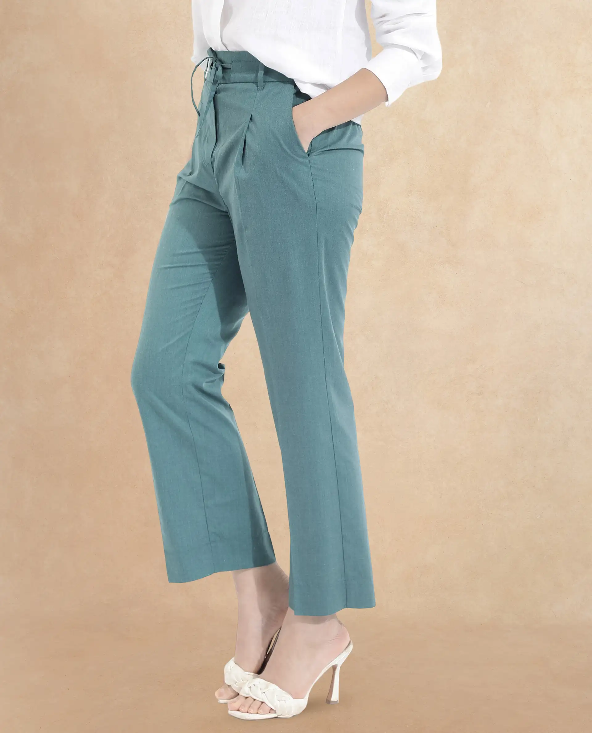 Rareism Women's Tiza Green Polyester Blend Plain Ankle Length Straight Fit Trouser - Image 5