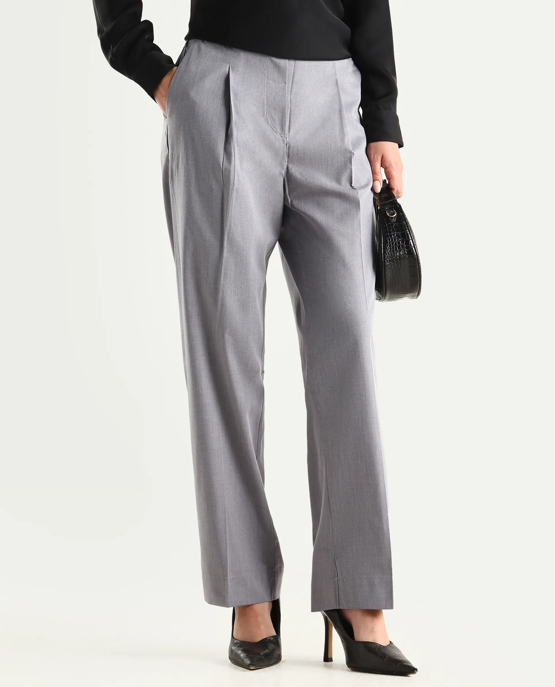 Rareism Women's Tiza Grey Polyester Blend Plain Ankle Length Straight Fit Trouser - Image 2