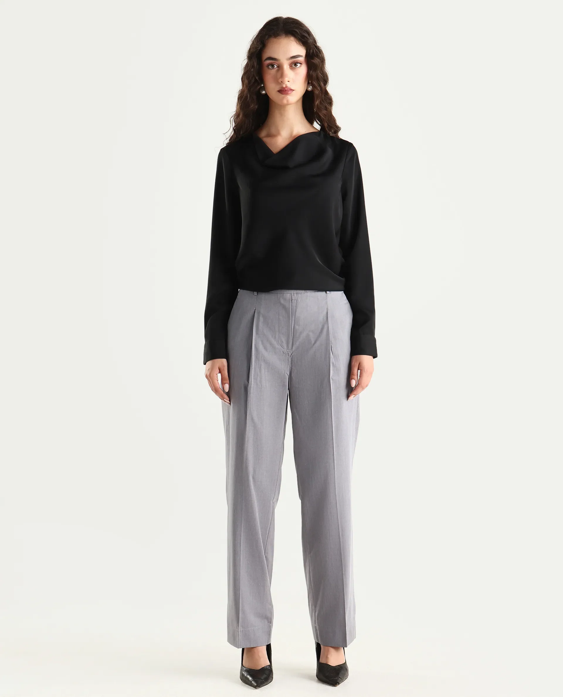Rareism Women's Tiza Grey Polyester Blend Plain Ankle Length Straight Fit Trouser - Image 3