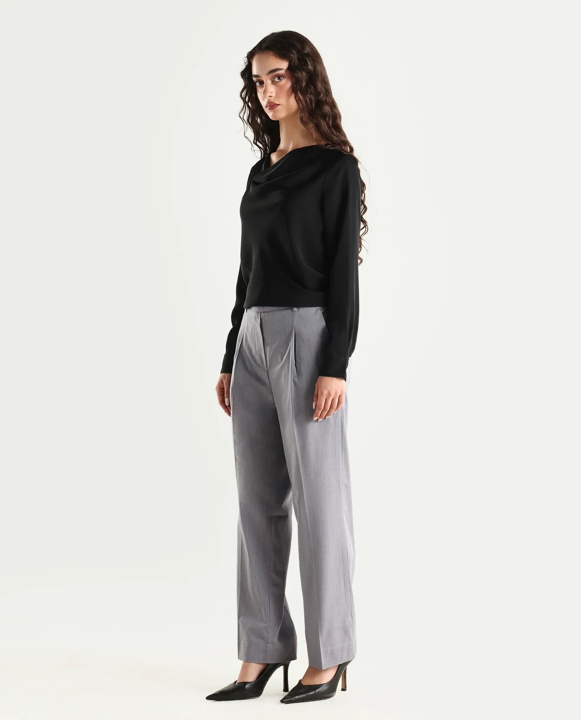 Rareism Women's Tiza Grey Polyester Blend Plain Ankle Length Straight Fit Trouser - Image 5