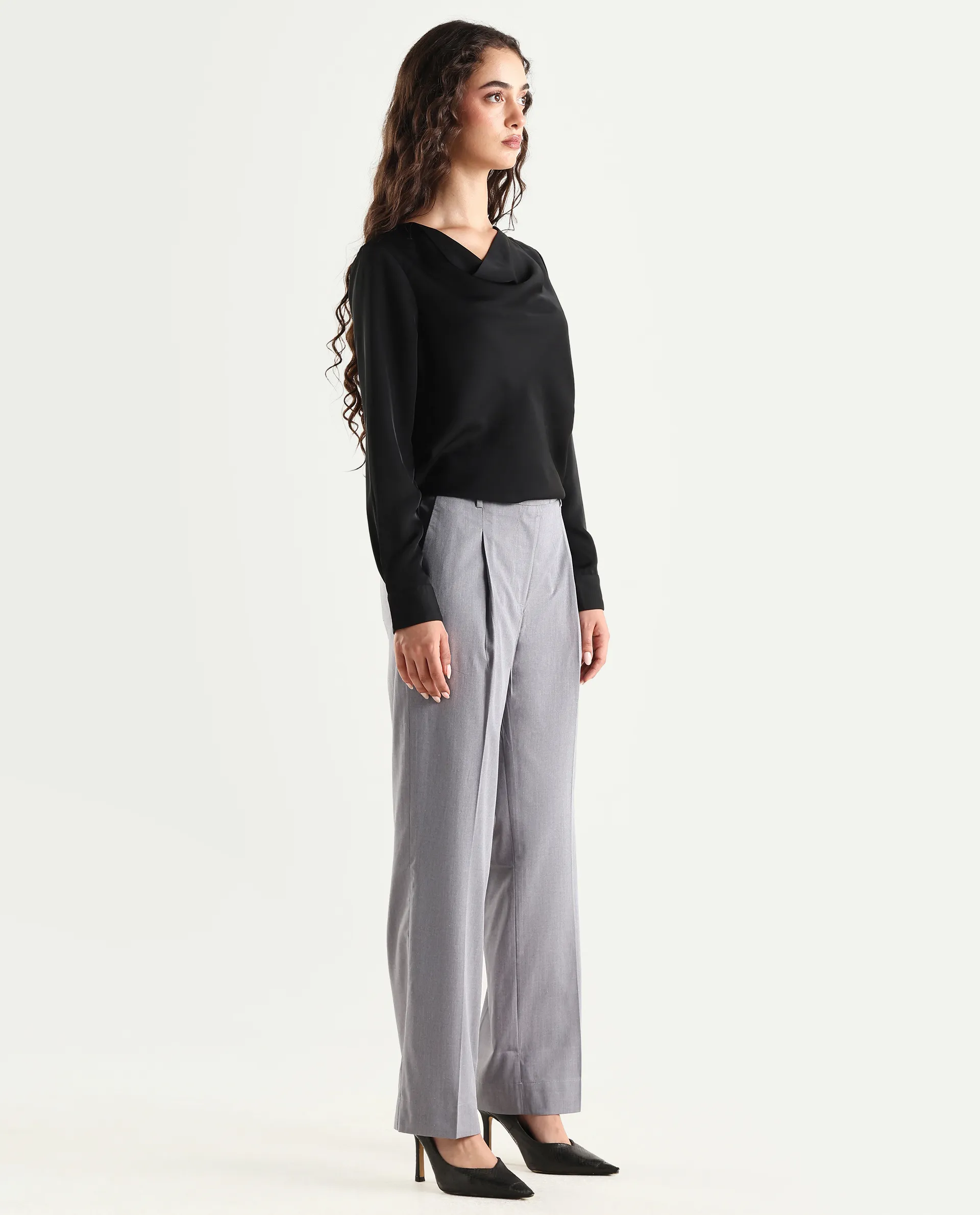 Rareism Women's Tiza Grey Polyester Blend Plain Ankle Length Straight Fit Trouser - Image 6