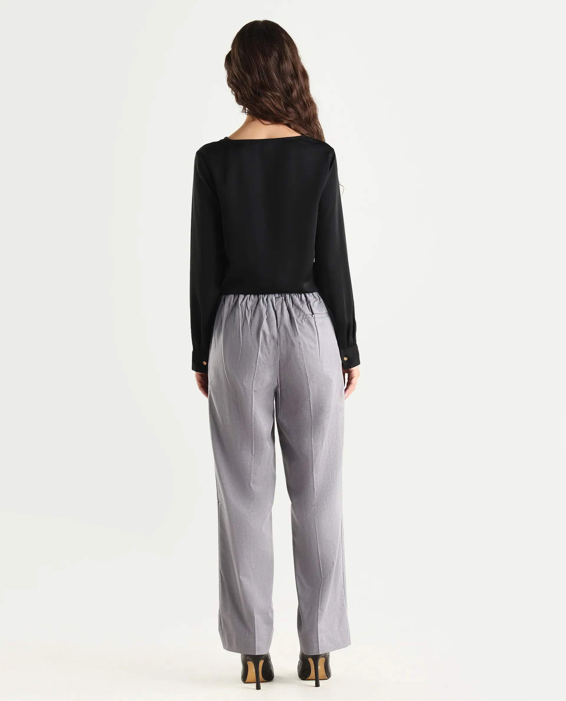 Rareism Women's Tiza Grey Polyester Blend Plain Ankle Length Straight Fit Trouser - Image 7
