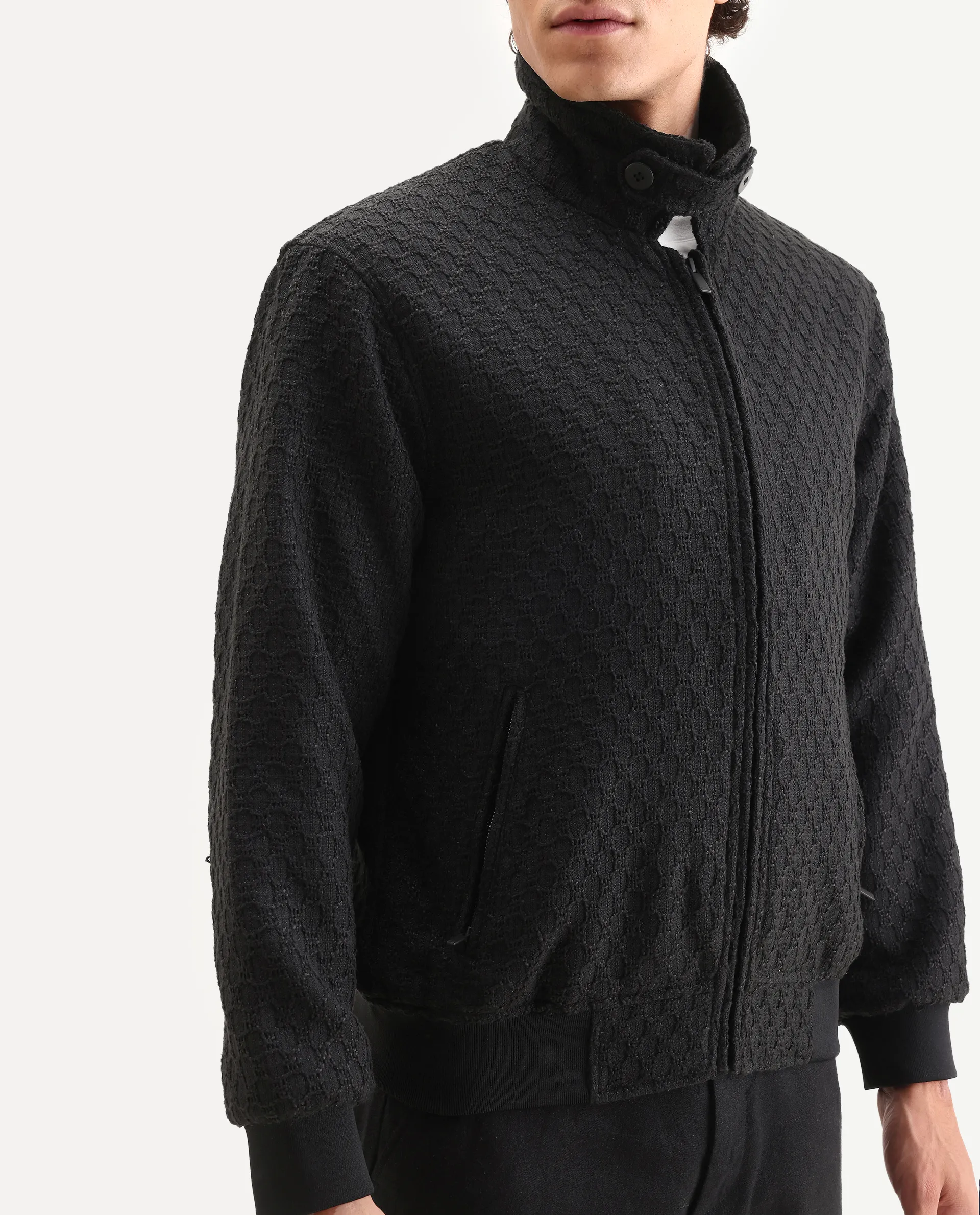 Rare Rabbit Men's Tizol Black Polyester Blend Fabric High Neck Regular Fit Textured Jacket - Image 3