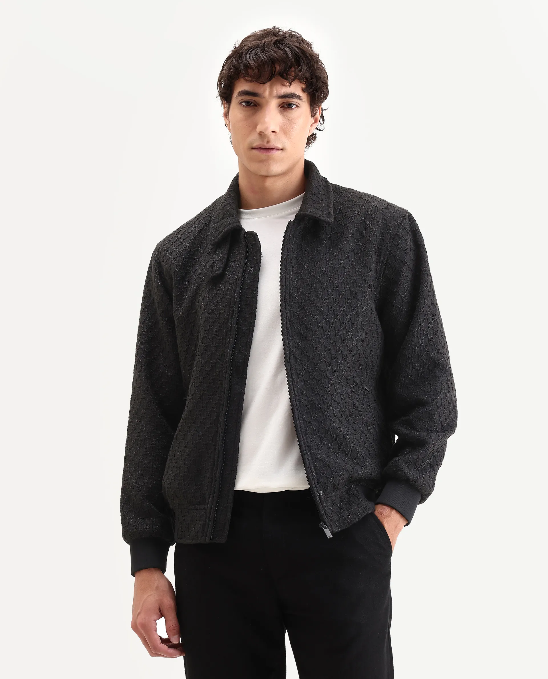 Rare Rabbit Men's Tizol Black Polyester Blend Fabric High Neck Regular Fit Textured Jacket - Image 4