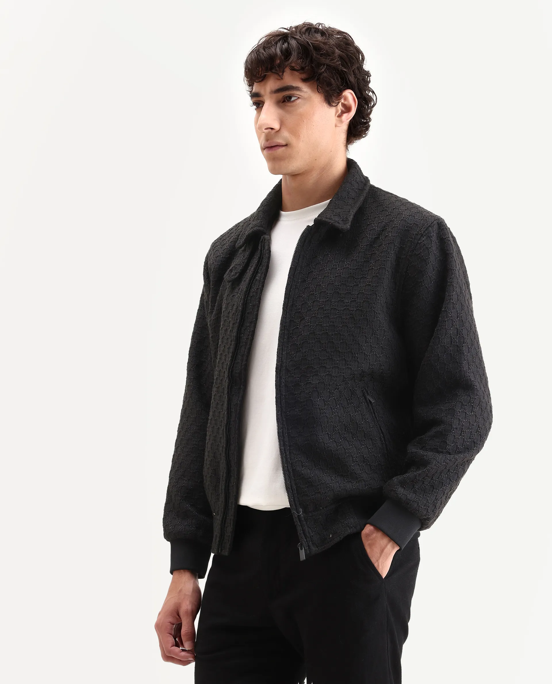 Rare Rabbit Men's Tizol Black Polyester Blend Fabric High Neck Regular Fit Textured Jacket - Image 5