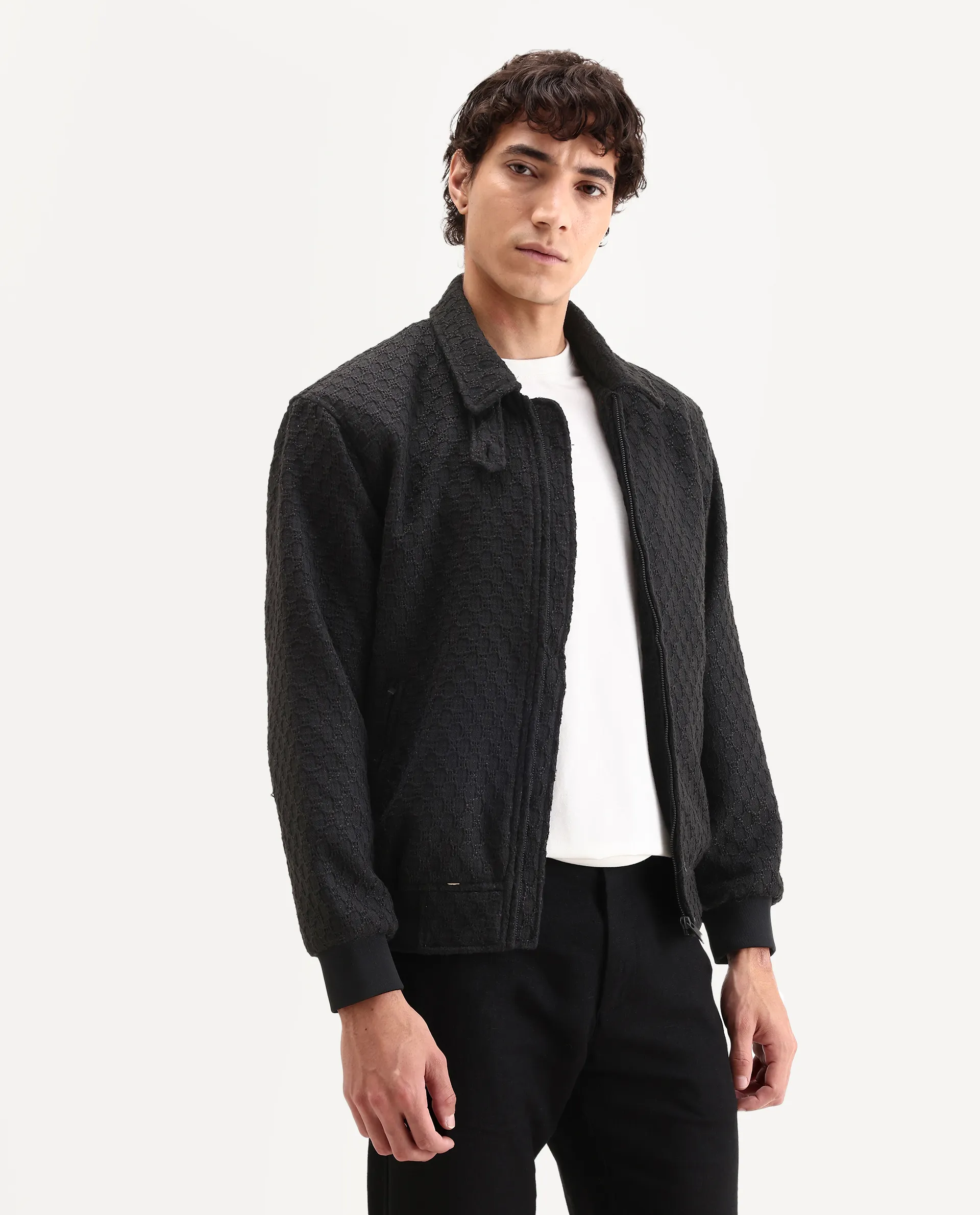 Rare Rabbit Men's Tizol Black Polyester Blend Fabric High Neck Regular Fit Textured Jacket - Image 6