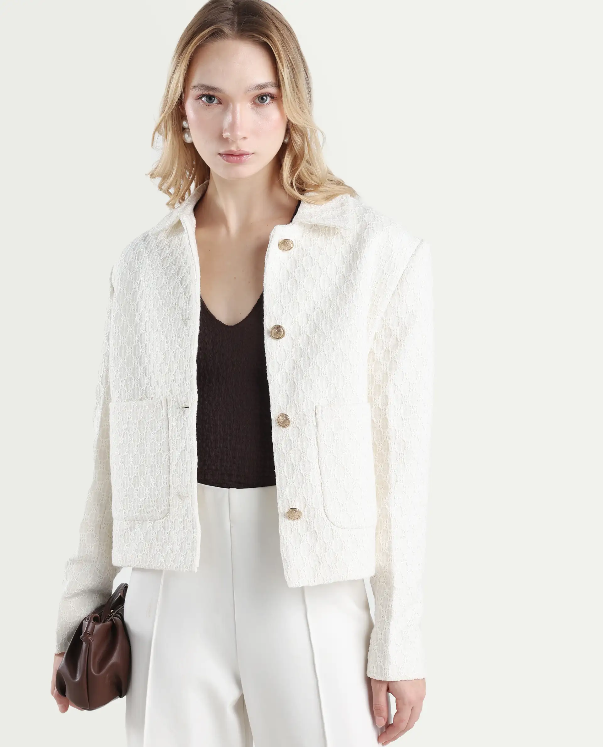 Rareism Women's Tizol-W Off White Polyester Blend Spread Collar Regular Fit Jacket - Image 3