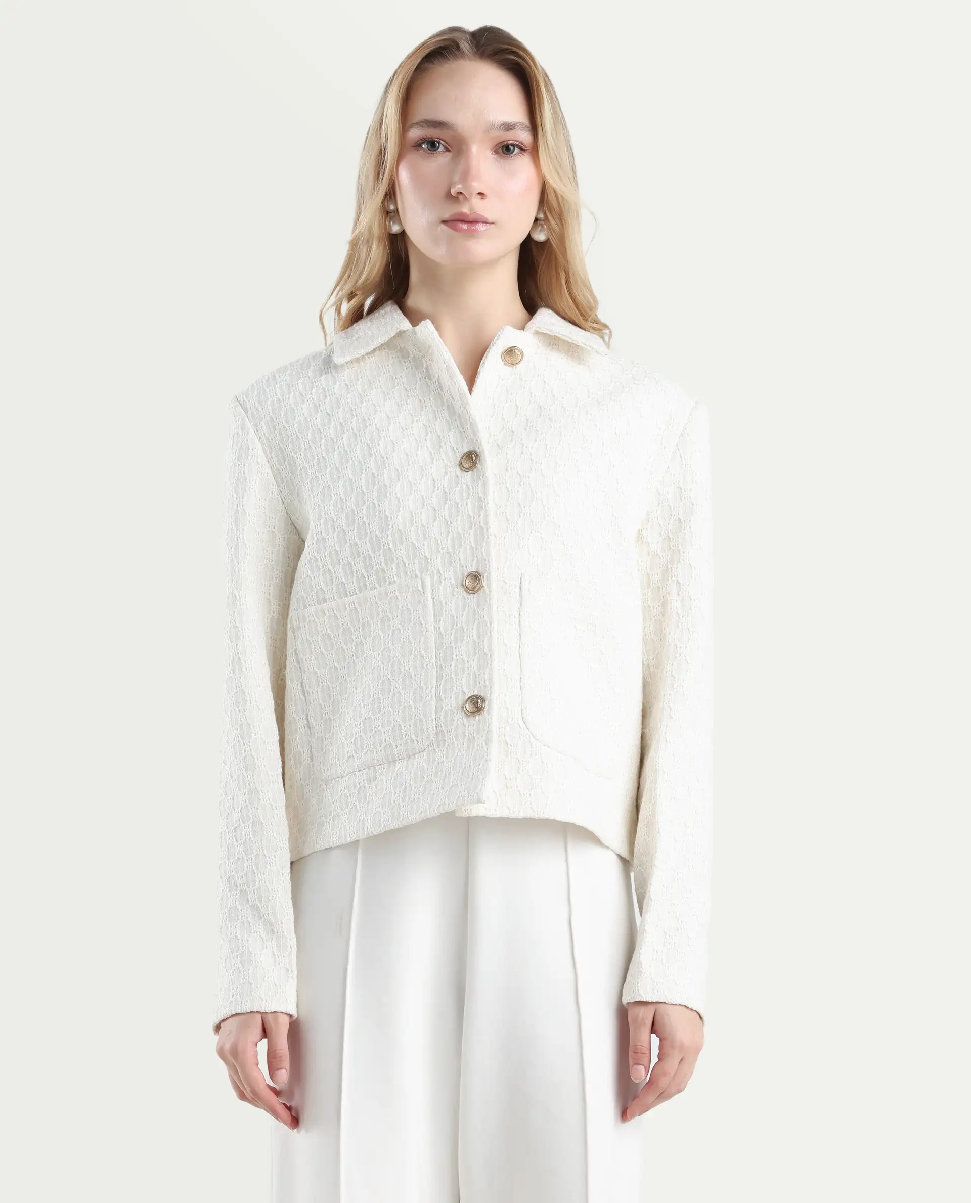 Rareism Women's Tizol-W Off White Polyester Blend Spread Collar Regular Fit Jacket - Image 4