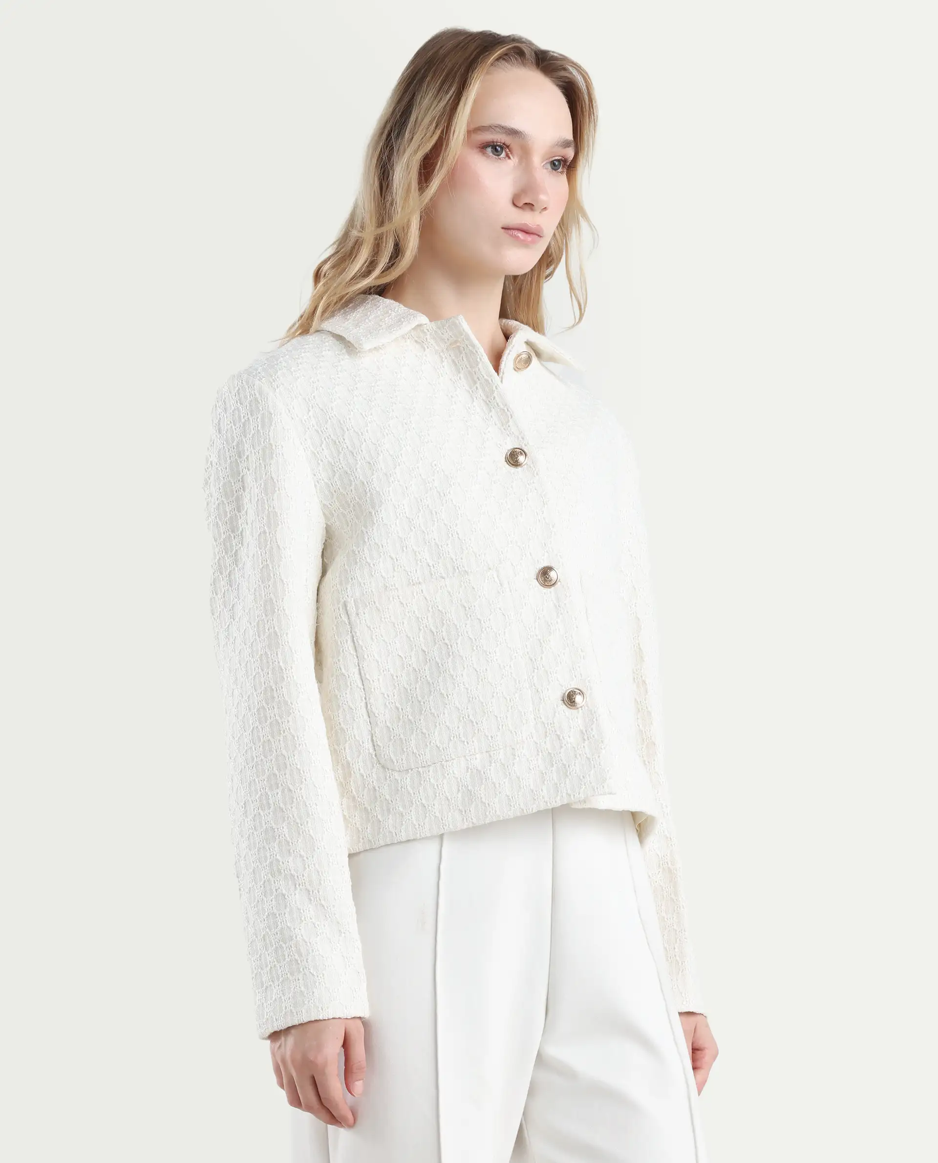 Rareism Women's Tizol-W Off White Polyester Blend Spread Collar Regular Fit Jacket - Image 6