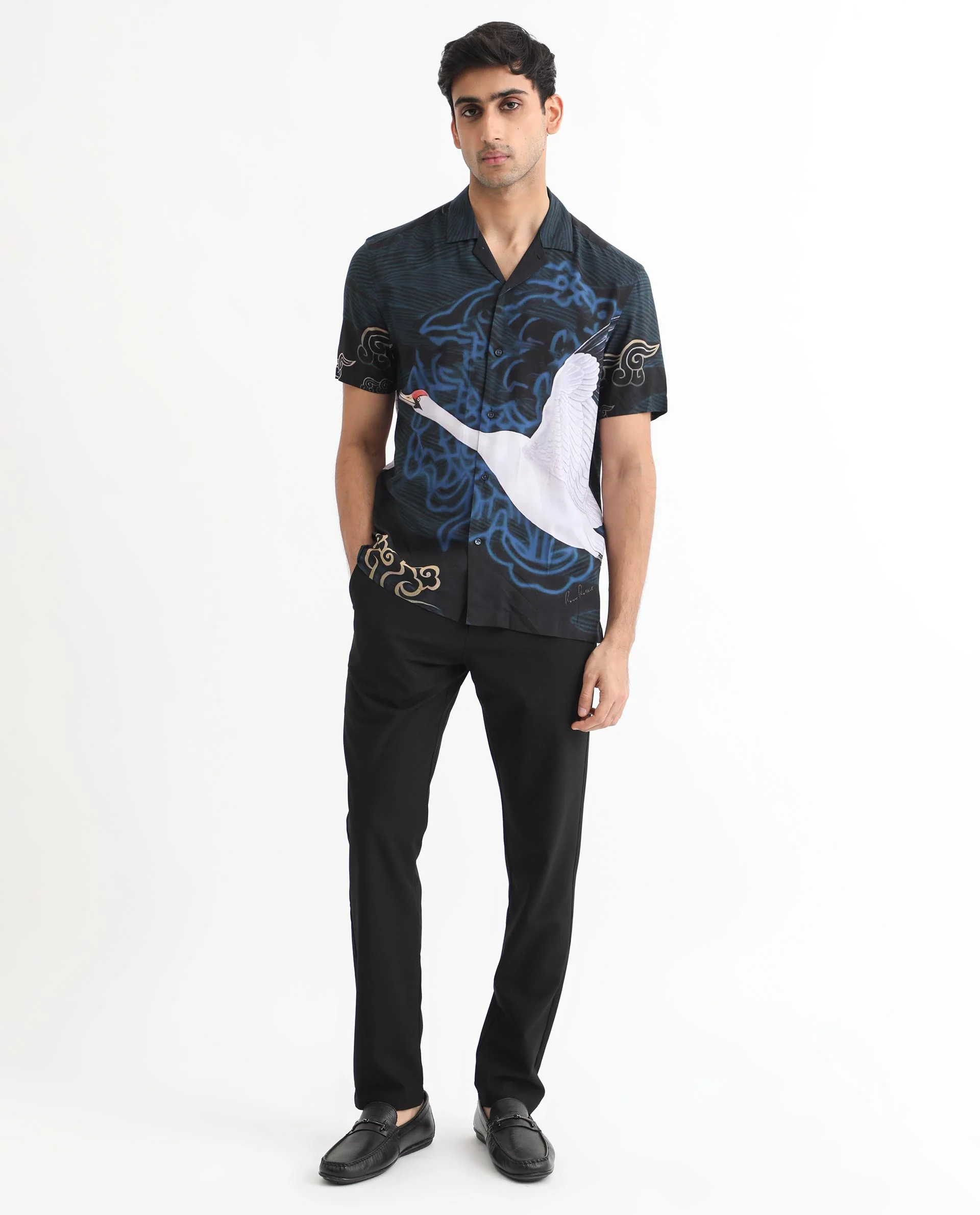 Rare Rabbit Men's Tobal Navy Viscose Animal Print Regular Fit Half Sleeve Cuban Collar Shirt - Image 2