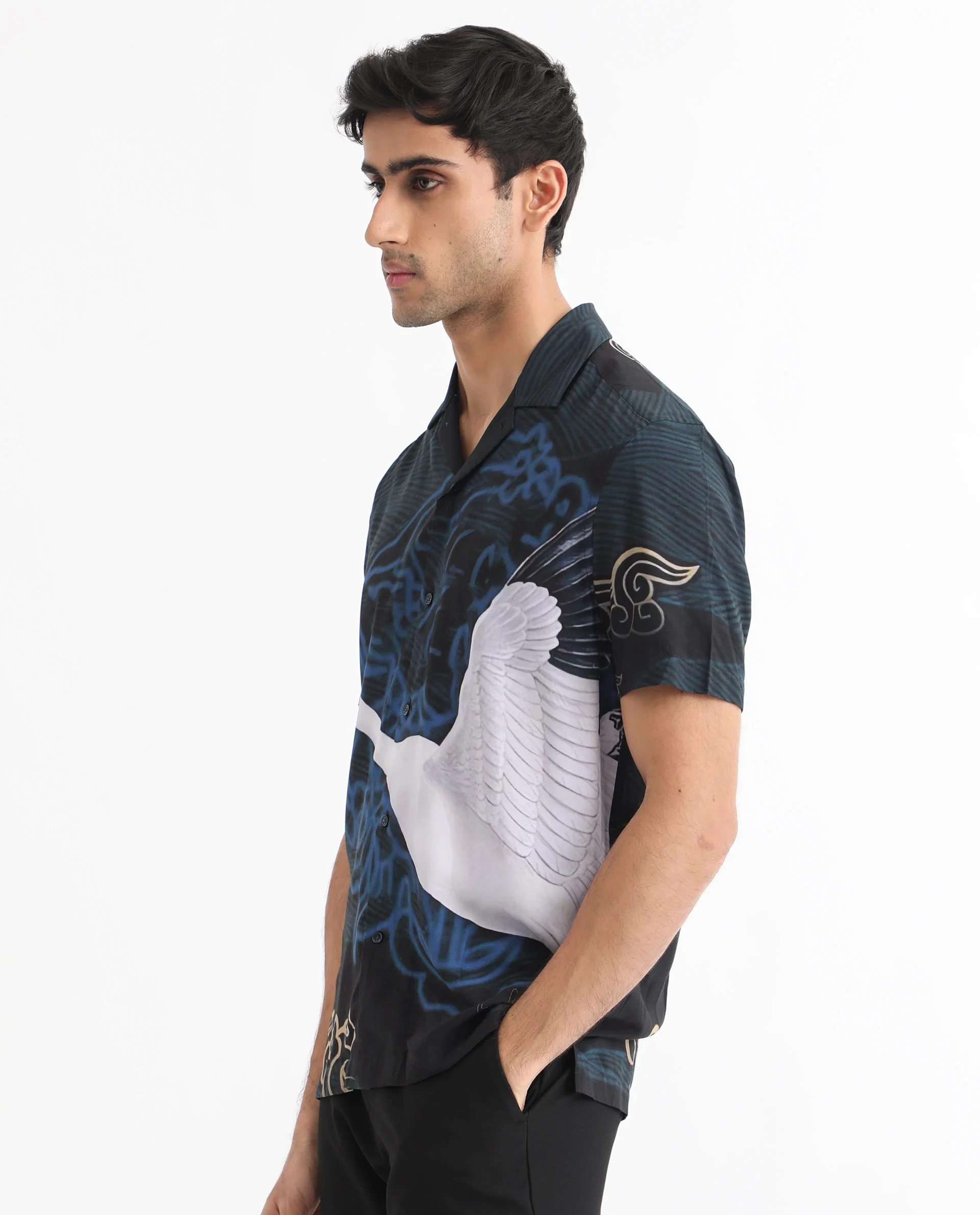 Rare Rabbit Men's Tobal Navy Viscose Animal Print Regular Fit Half Sleeve Cuban Collar Shirt - Image 3