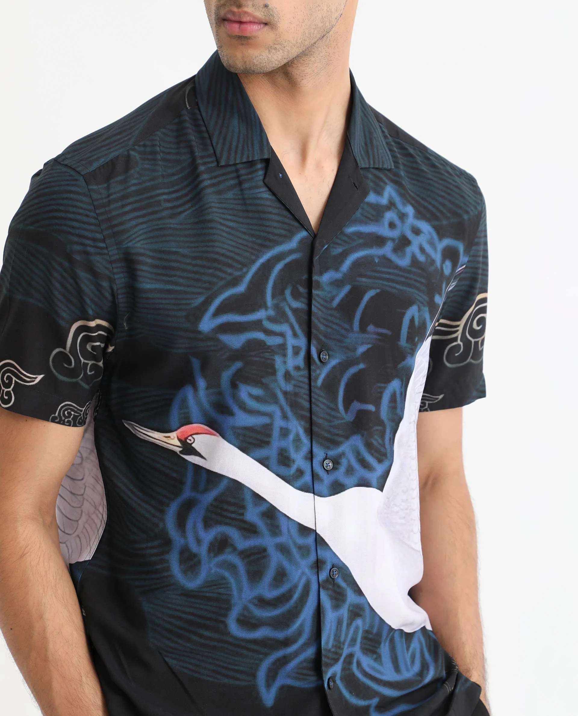 Rare Rabbit Men's Tobal Navy Viscose Animal Print Regular Fit Half Sleeve Cuban Collar Shirt - Image 4