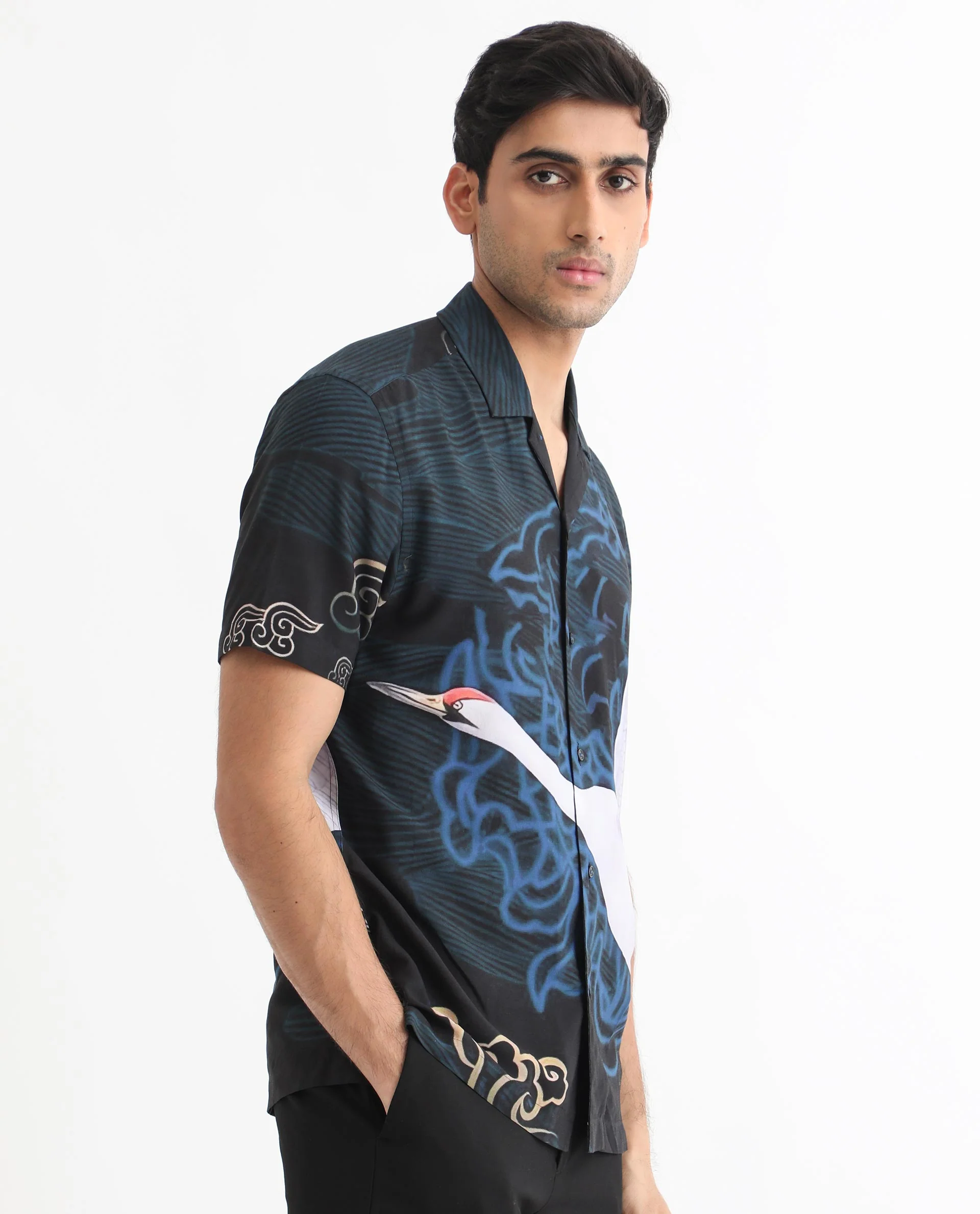 Rare Rabbit Men's Tobal Navy Viscose Animal Print Regular Fit Half Sleeve Cuban Collar Shirt - Image 5