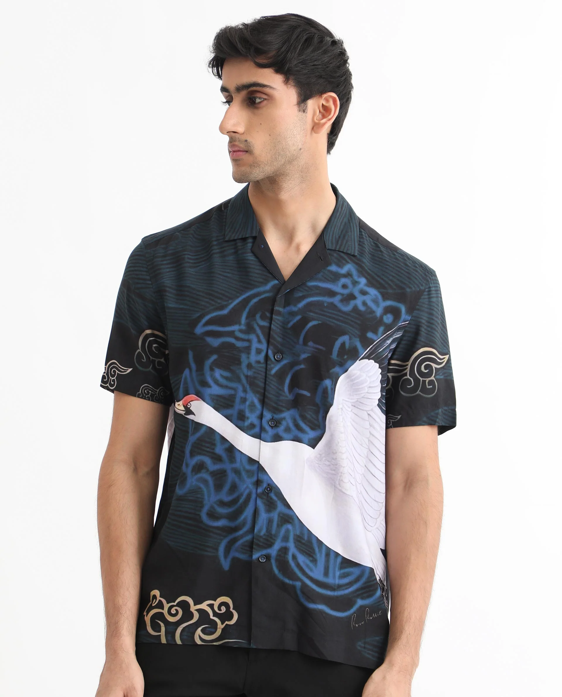 Rare Rabbit Men's Tobal Navy Viscose Animal Print Regular Fit Half Sleeve Cuban Collar Shirt - Image 6