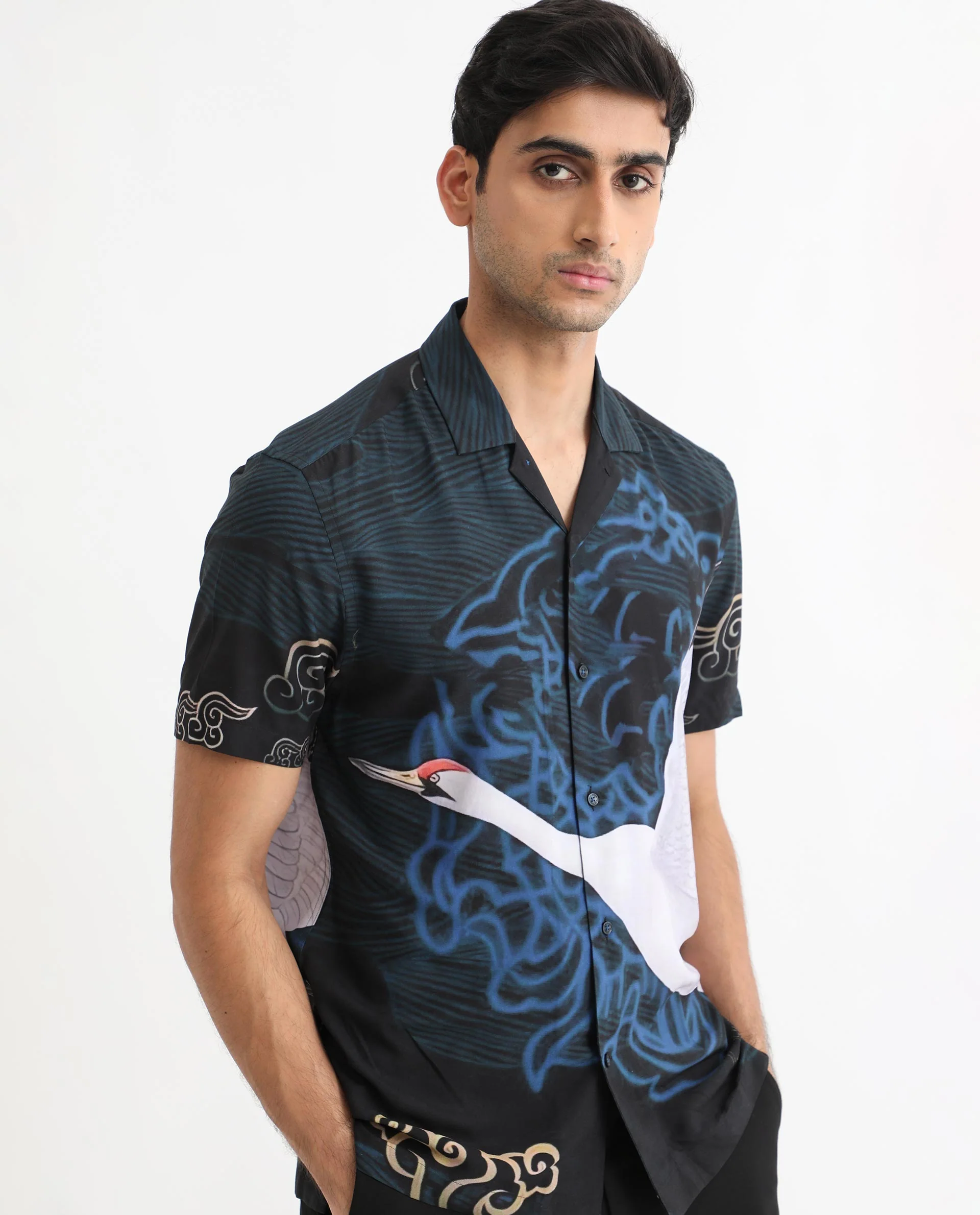 Rare Rabbit Men's Tobal Navy Viscose Animal Print Regular Fit Half Sleeve Cuban Collar Shirt - Image 7