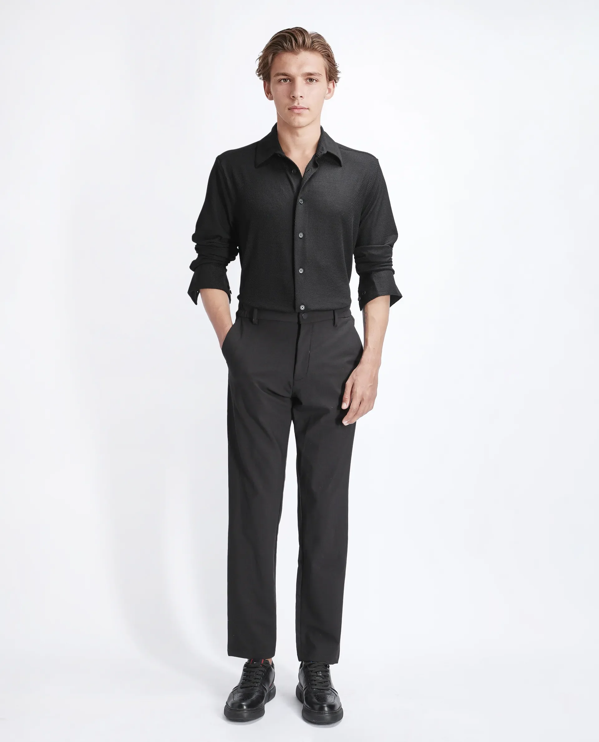 Rare Rabbit Men's Tobbit Black Cotton Textured Regular Fit Full Sleeve Collared Shirt - Image 2
