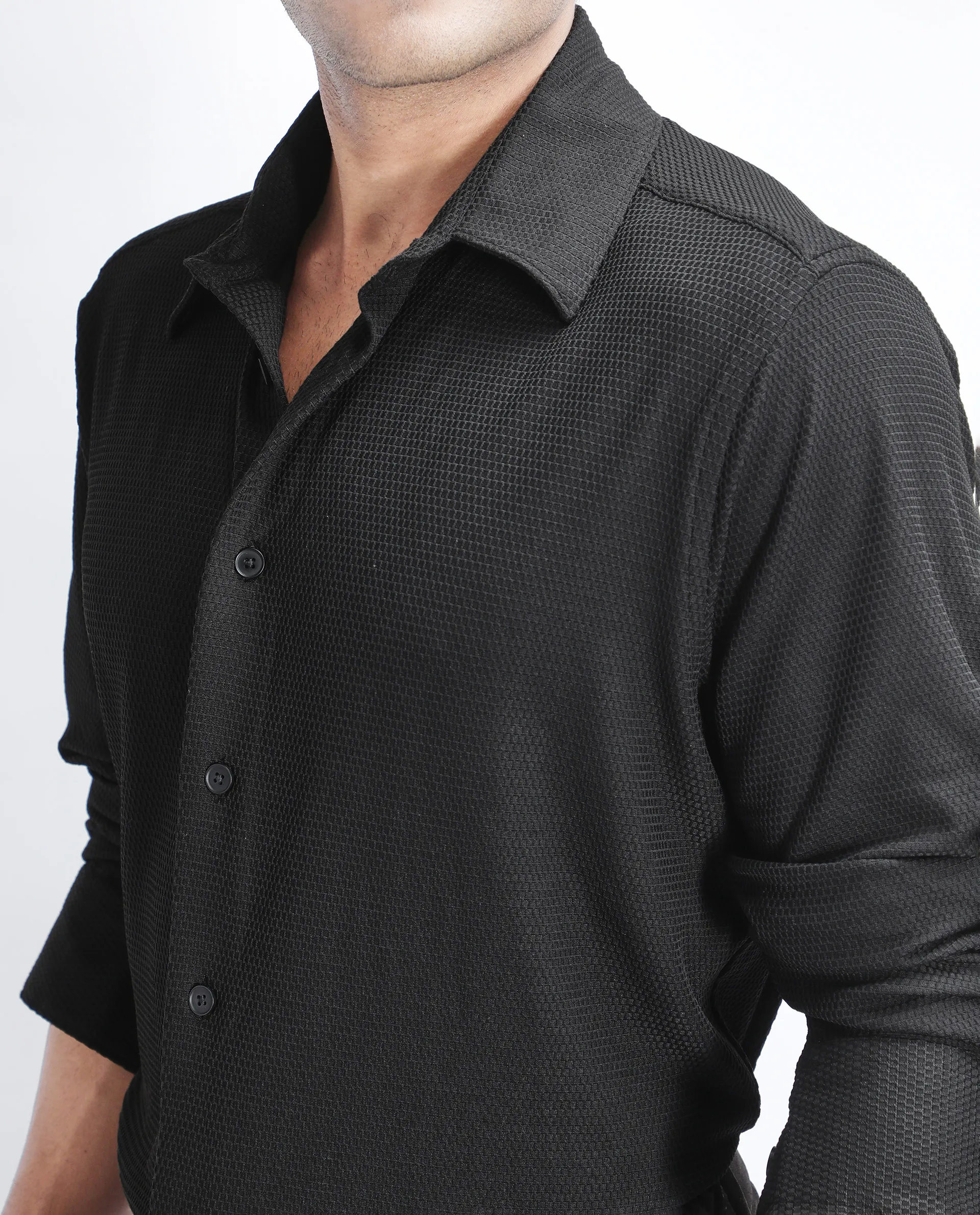 Rare Rabbit Men's Tobbit Black Cotton Textured Regular Fit Full Sleeve Collared Shirt - Image 3