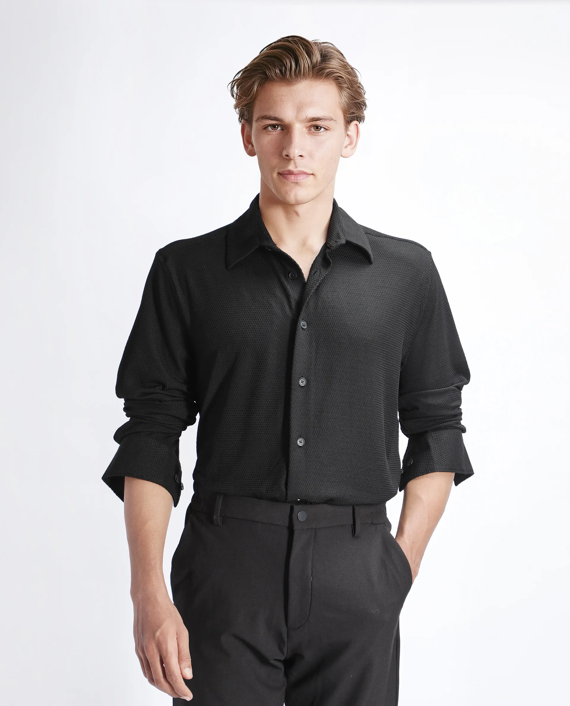 Rare Rabbit Men's Tobbit Black Cotton Textured Regular Fit Full Sleeve Collared Shirt - Image 4