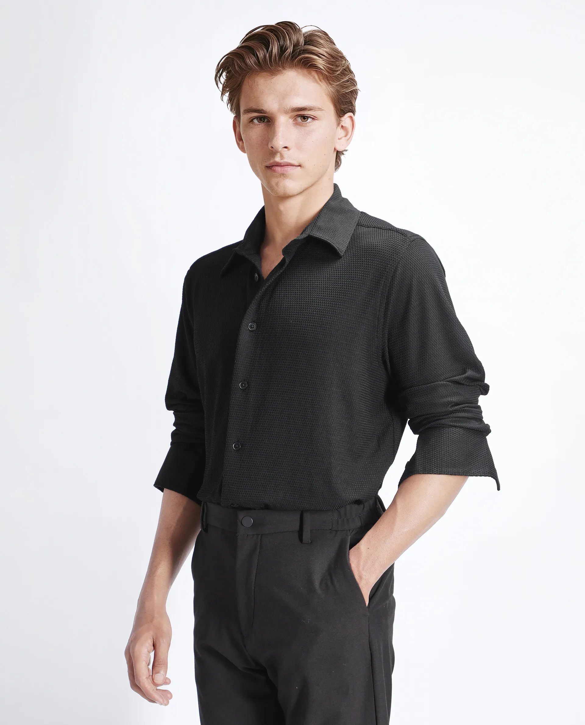Rare Rabbit Men's Tobbit Black Cotton Textured Regular Fit Full Sleeve Collared Shirt - Image 6