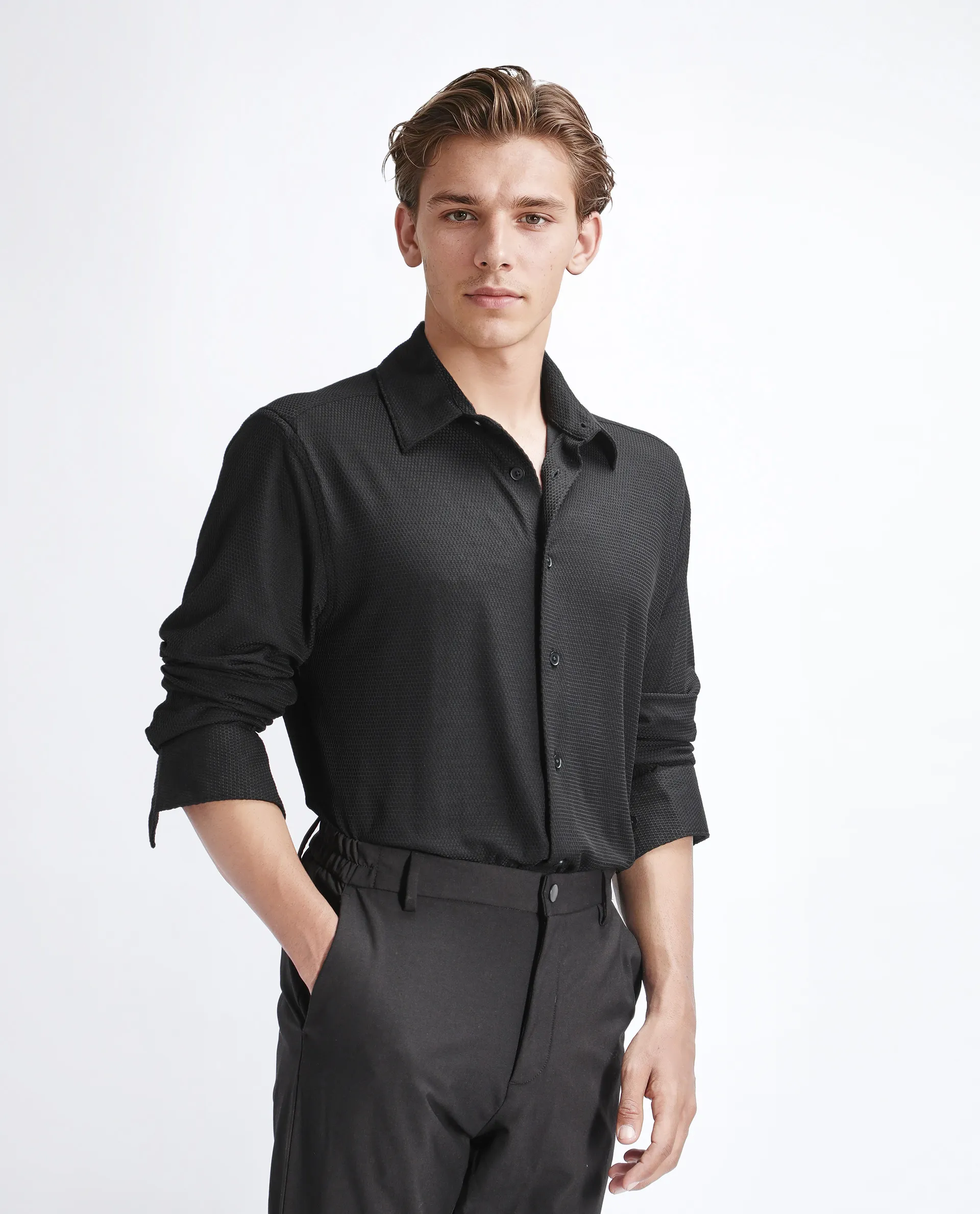 Rare Rabbit Men's Tobbit Black Cotton Textured Regular Fit Full Sleeve Collared Shirt - Image 7