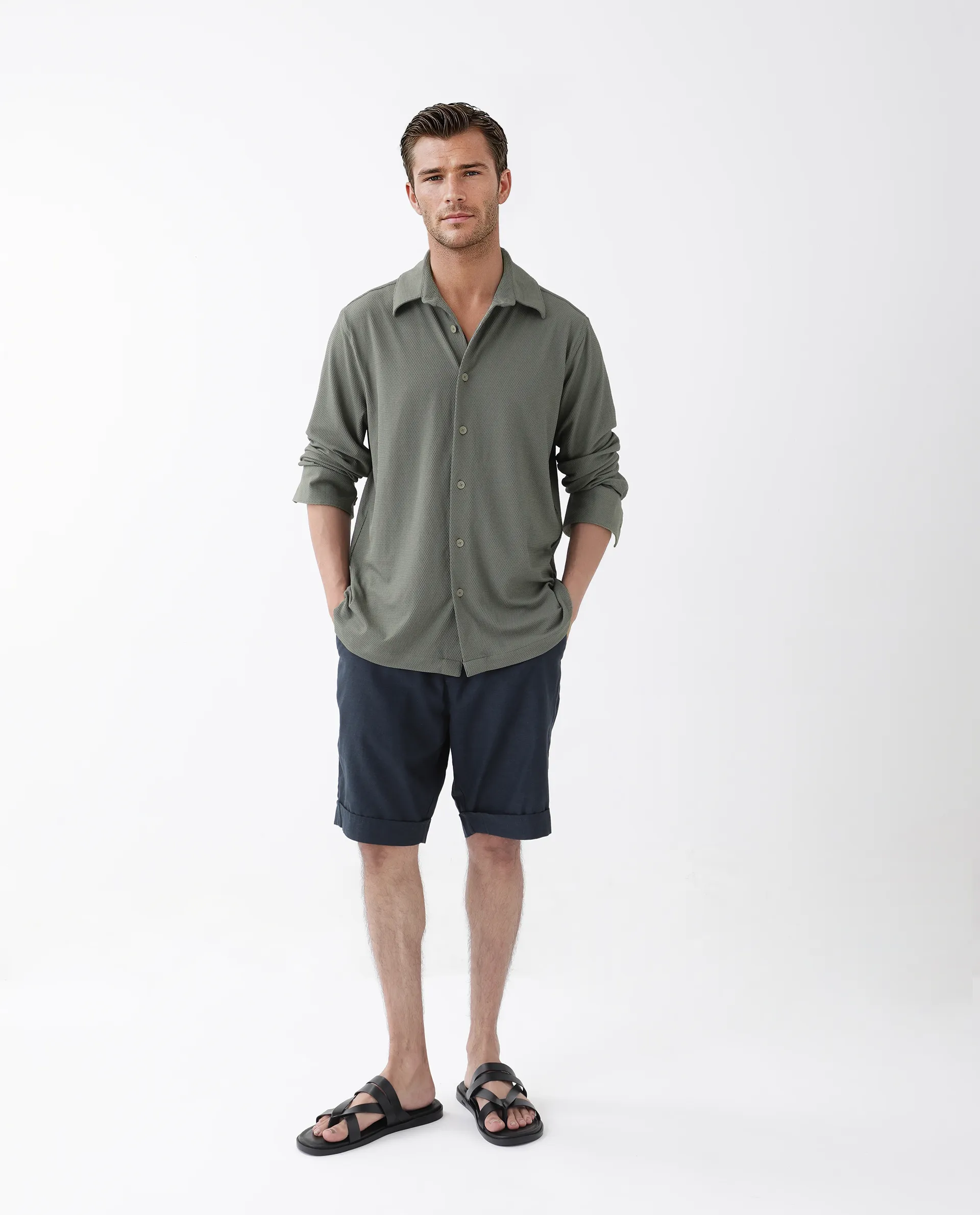 Rare Rabbit Men's Tobbit Olive Cotton Textured Regular Fit Full Sleeve Collared Shirt - Image 2