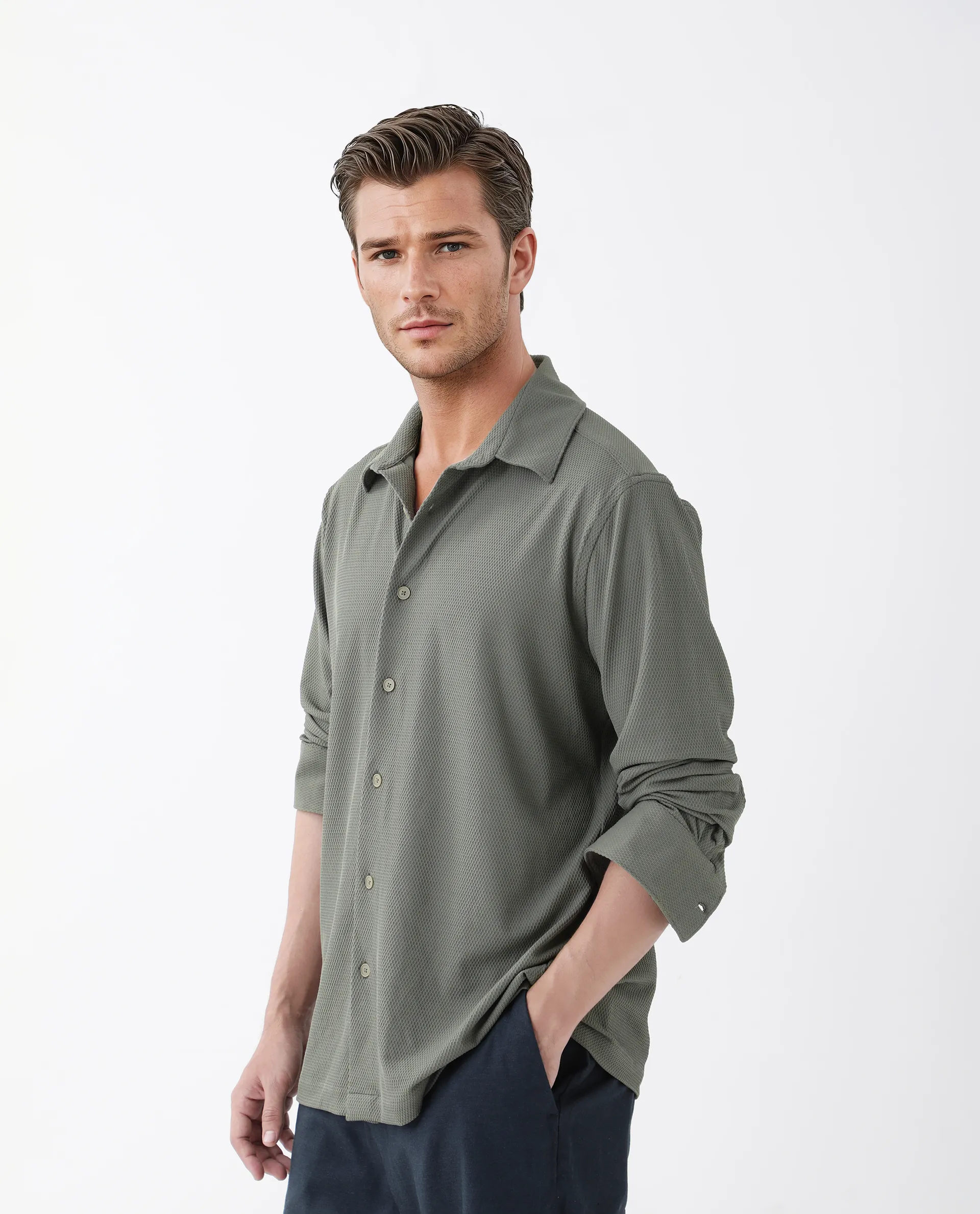 Rare Rabbit Men's Tobbit Olive Cotton Textured Regular Fit Full Sleeve Collared Shirt - Image 5