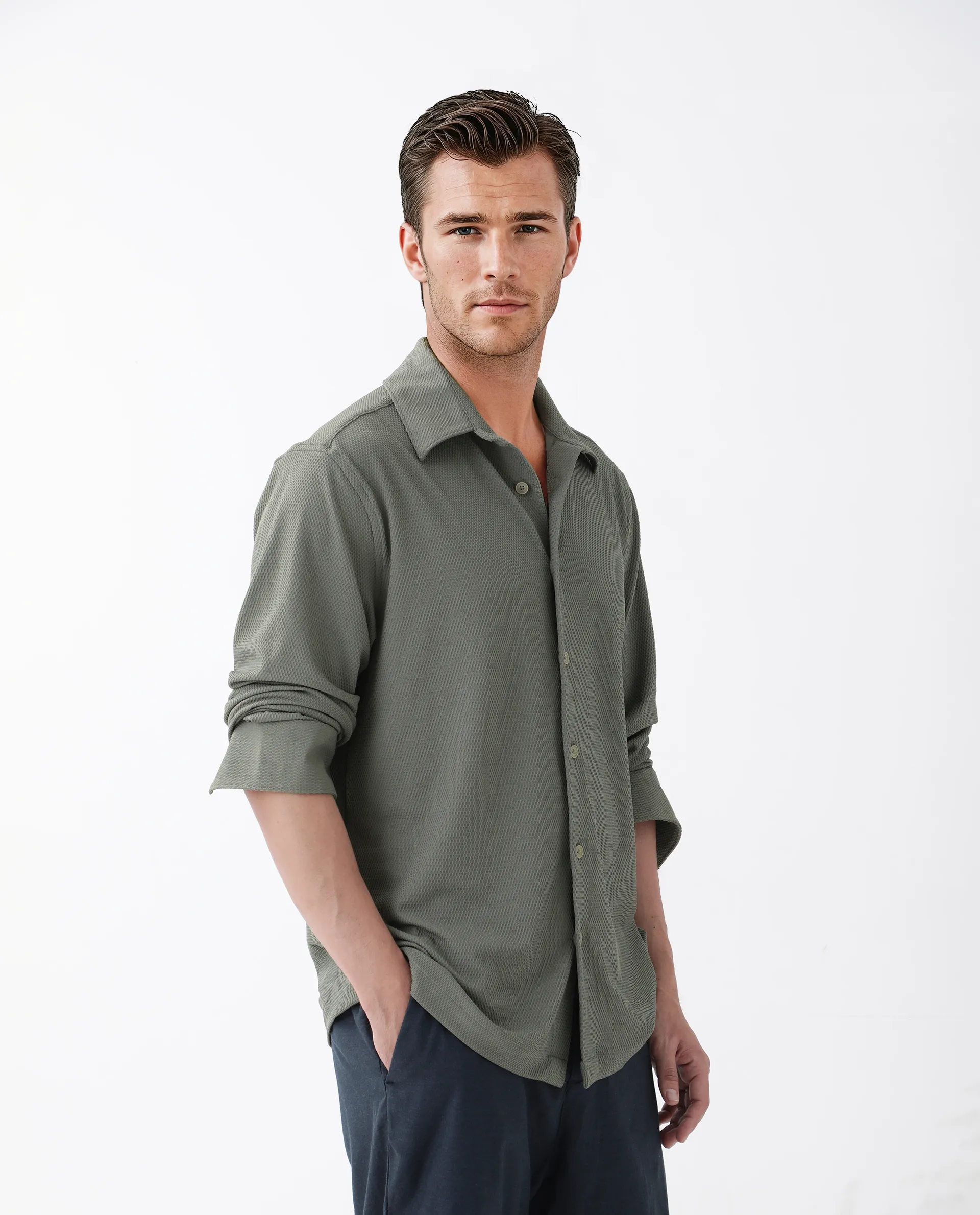 Rare Rabbit Men's Tobbit Olive Cotton Textured Regular Fit Full Sleeve Collared Shirt - Image 6