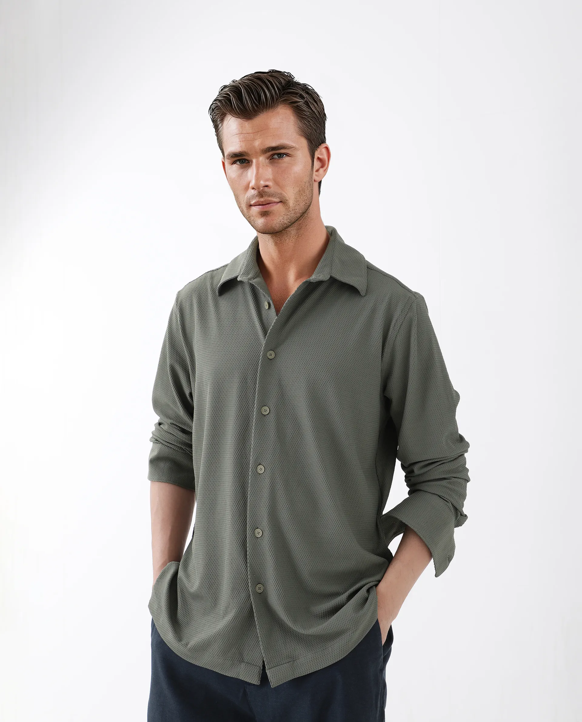 Rare Rabbit Men's Tobbit Olive Cotton Textured Regular Fit Full Sleeve Collared Shirt - Image 7