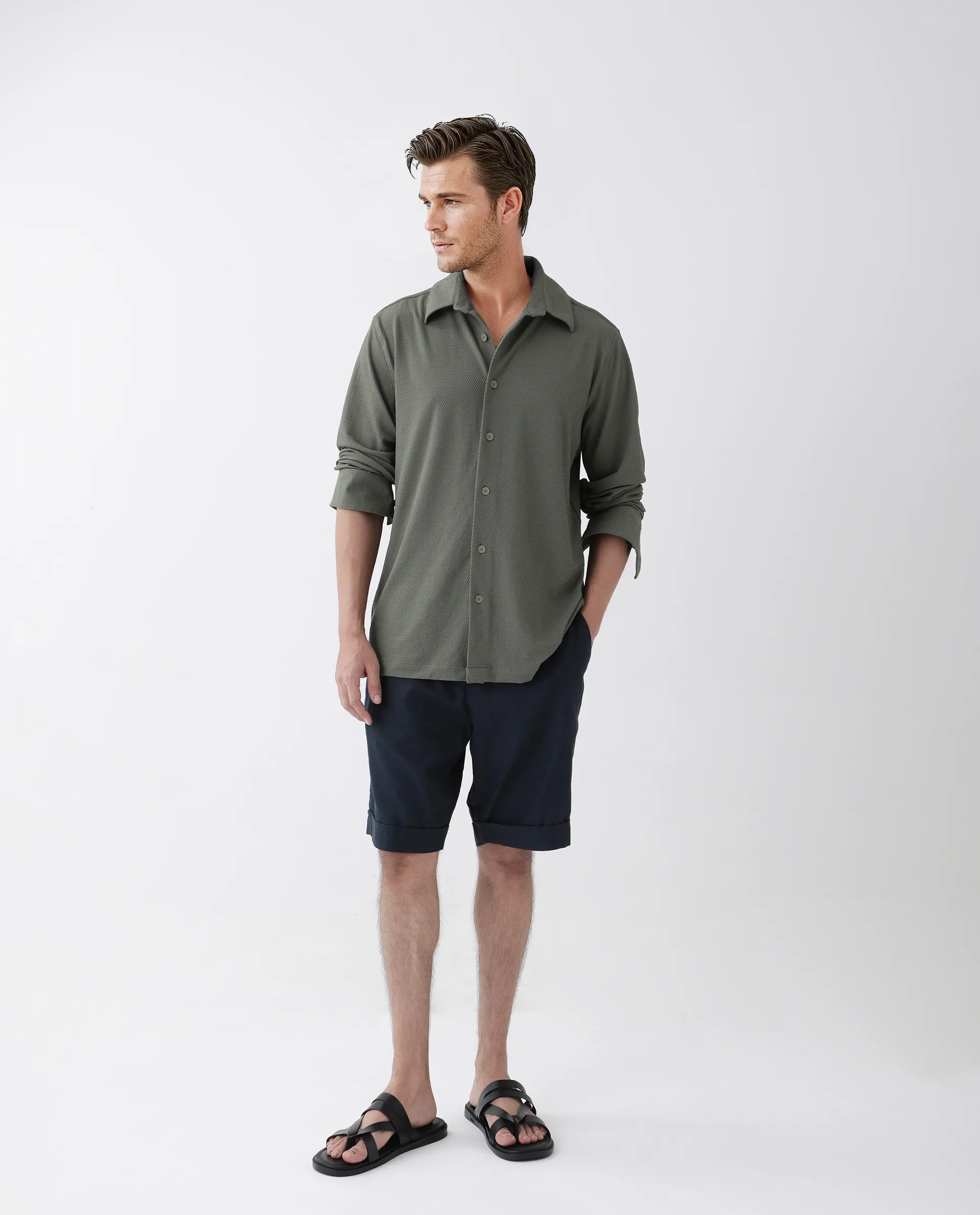 Rare Rabbit Men's Tobbit Olive Cotton Textured Regular Fit Full Sleeve Collared Shirt - Image 8