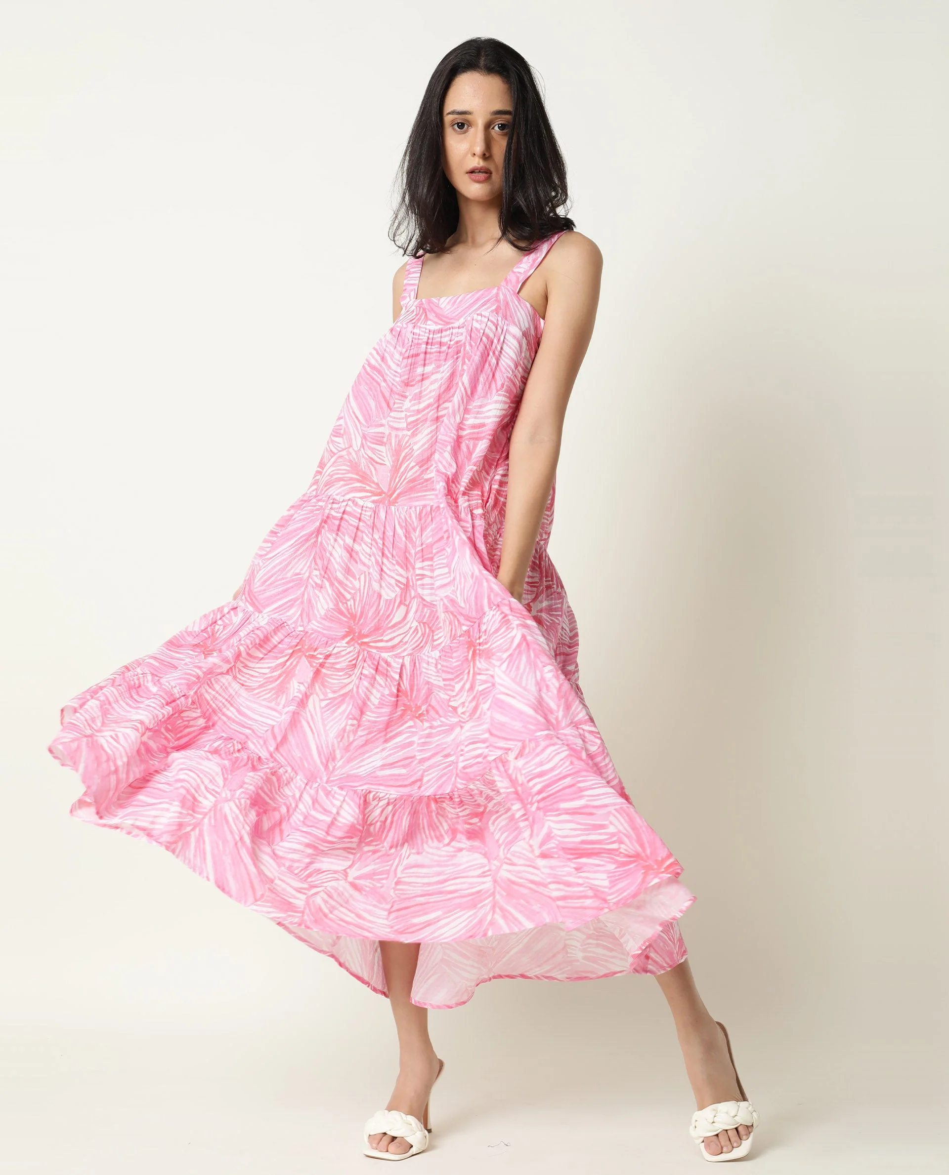 Rareism Women's Toddle Pink Polyester Blend Square Neck Floral Print Shoulder Strap Maxi Flared Dress - Image 2