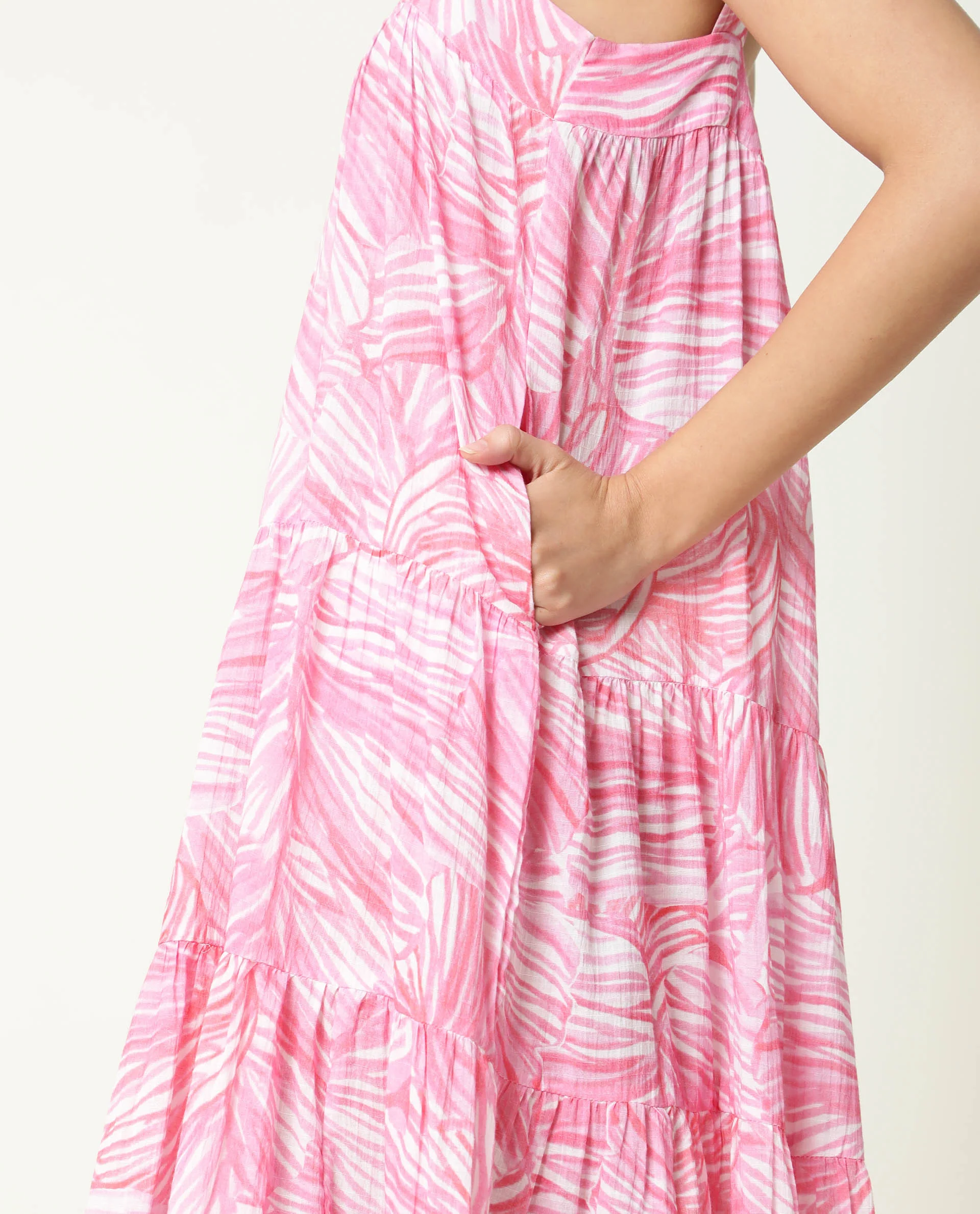 Rareism Women's Toddle Pink Polyester Blend Square Neck Floral Print Shoulder Strap Maxi Flared Dress - Image 5