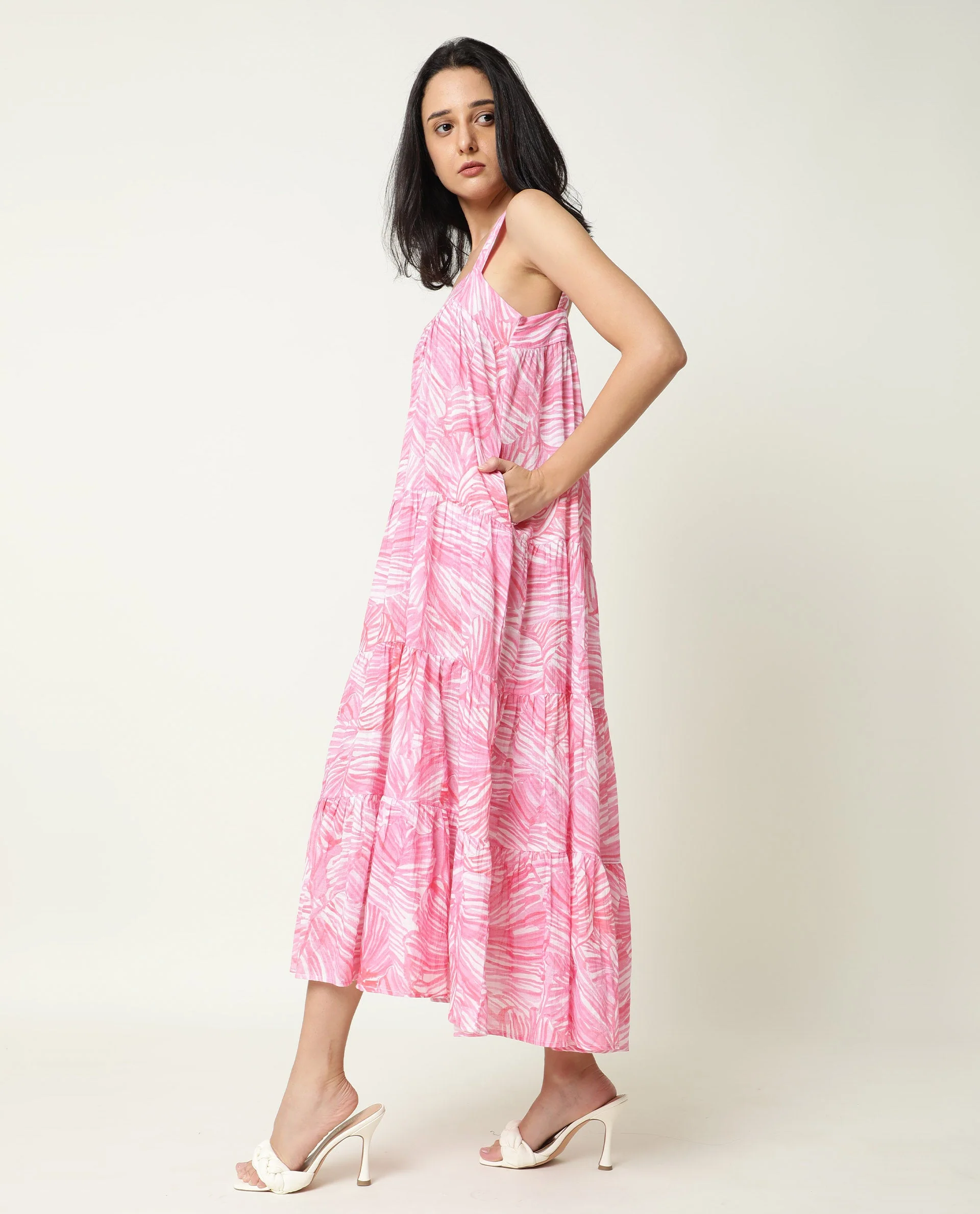 Rareism Women's Toddle Pink Polyester Blend Square Neck Floral Print Shoulder Strap Maxi Flared Dress - Image 7