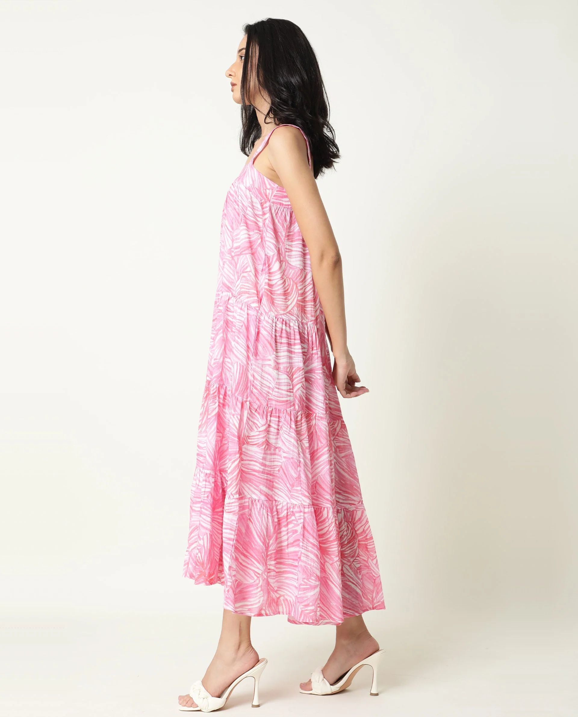 Rareism Women's Toddle Pink Polyester Blend Square Neck Floral Print Shoulder Strap Maxi Flared Dress - Image 8