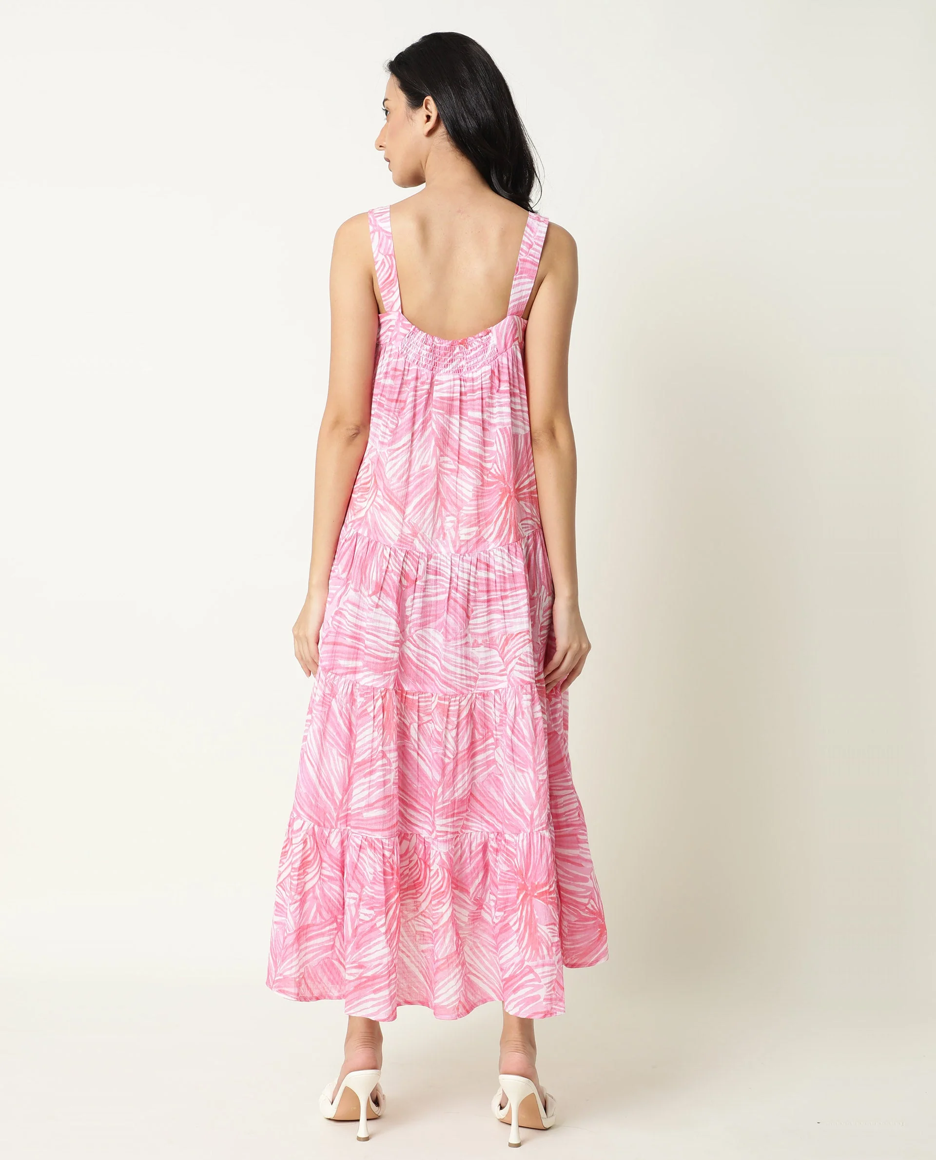 Rareism Women's Toddle Pink Polyester Blend Square Neck Floral Print Shoulder Strap Maxi Flared Dress - Image 9