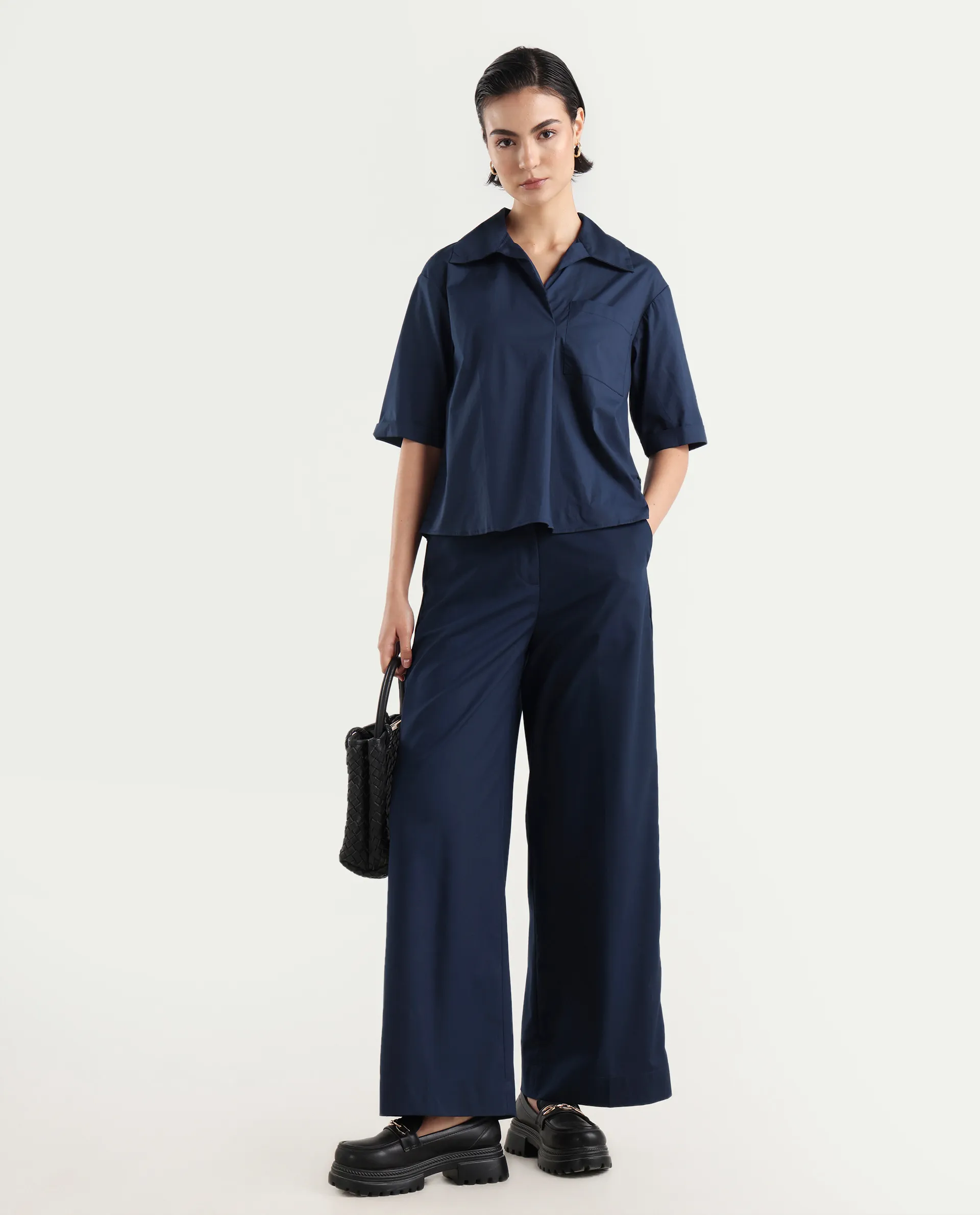 Rareism Women's Toefil Dark Navy Cotton Spread Collar Plain Regular Fit Shirt - Image 2