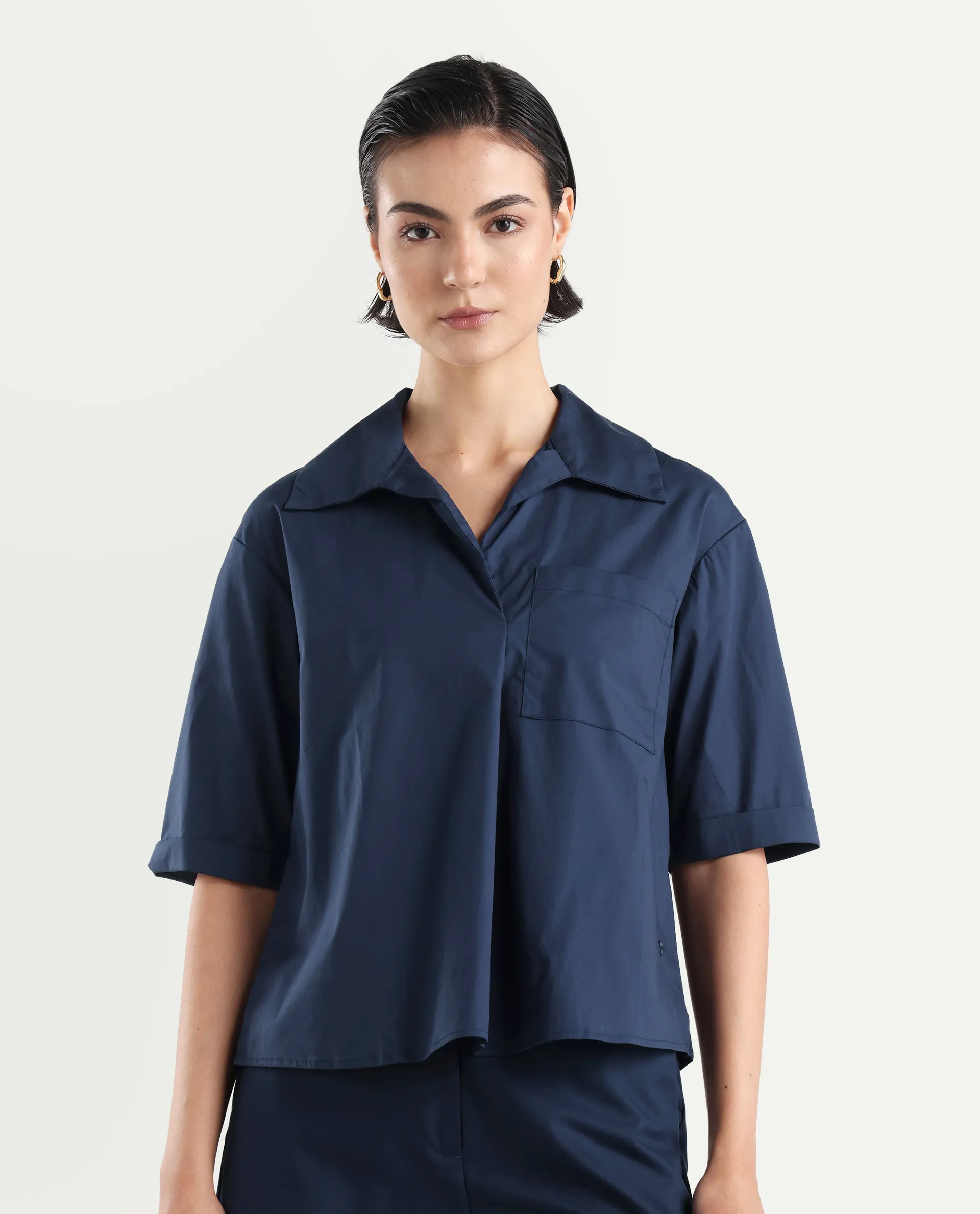 Rareism Women's Toefil Dark Navy Cotton Spread Collar Plain Regular Fit Shirt - Image 3