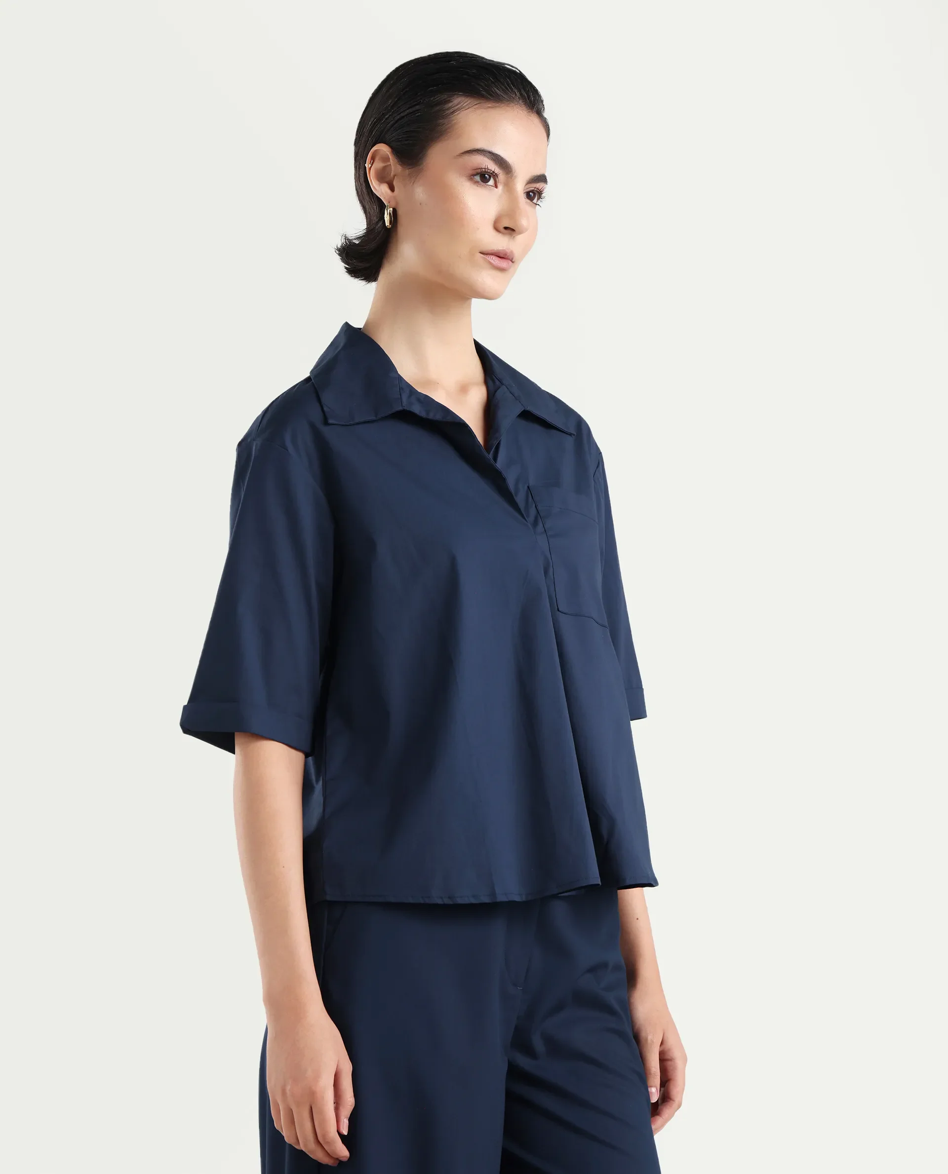 Rareism Women's Toefil Dark Navy Cotton Spread Collar Plain Regular Fit Shirt - Image 6