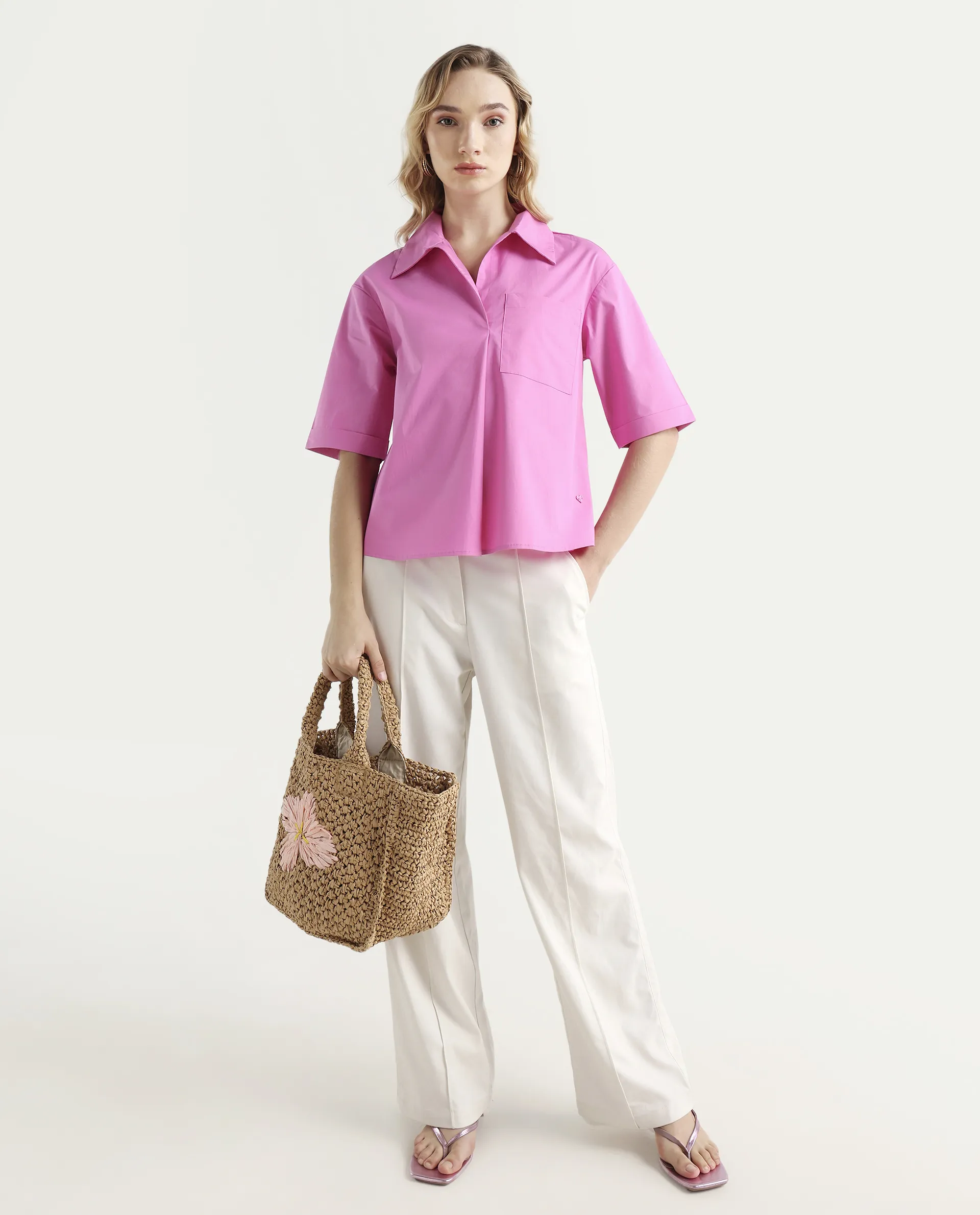 Rareism Women's Toefil Pastel Pink Cotton Spread Collar Plain Regular Fit Shirt - Image 2