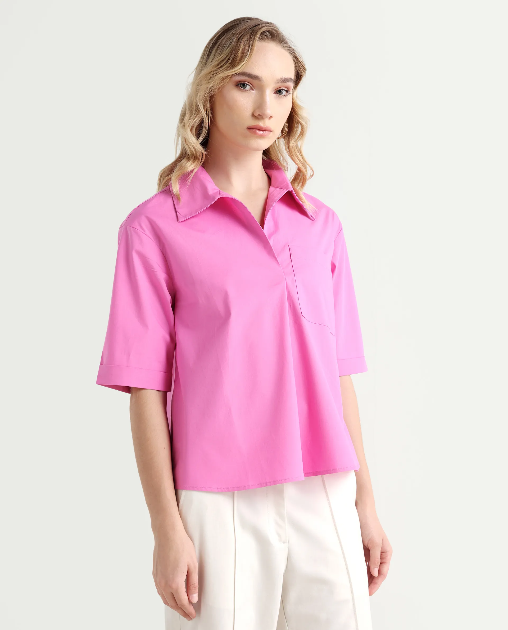 Rareism Women's Toefil Pastel Pink Cotton Spread Collar Plain Regular Fit Shirt - Image 7