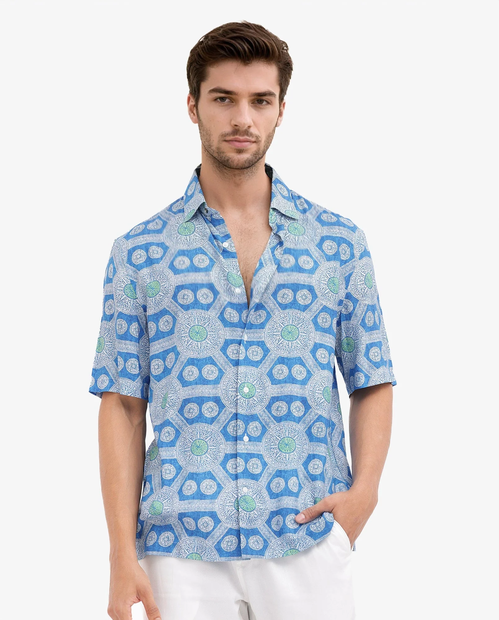 Rare Rabbit Men's Tofiel Blue Viscose Geometric Print Boxy Fit Half Sleeve Collared Shirt