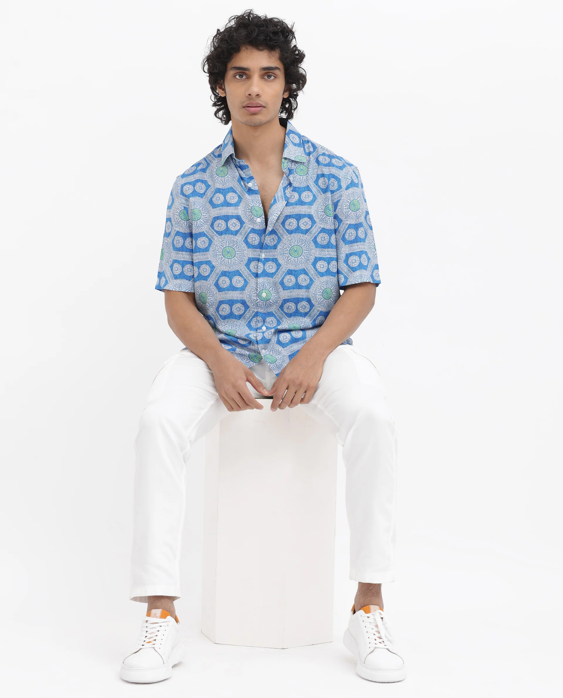 Rare Rabbit Men's Tofiel Blue Viscose Geometric Print Boxy Fit Half Sleeve Collared Shirt - Image 10